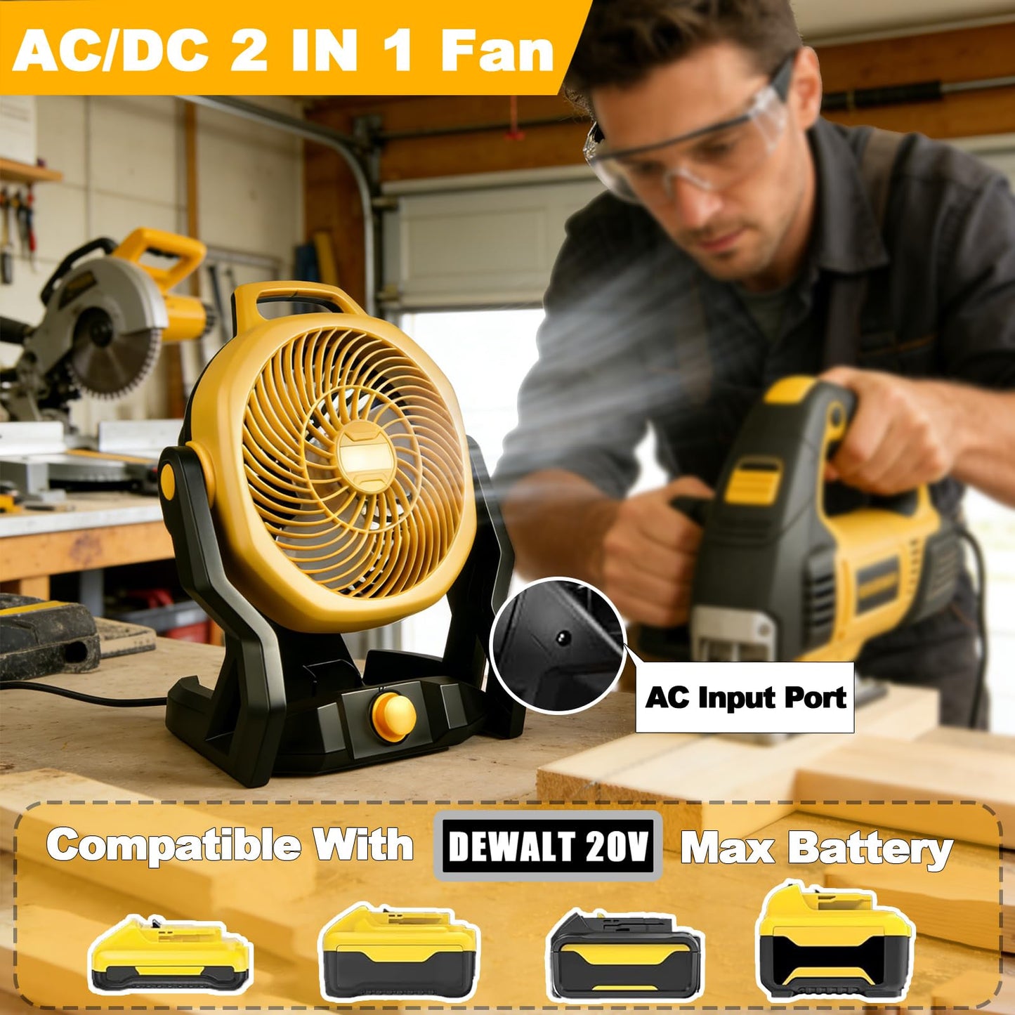 WeToolGoo Cordless Brushless Jobsite Fan Compatible with Dewalt 20V Max Battery, Battery Powered Fan 650 CFM Variable Speed, or AC Power for Outdoor