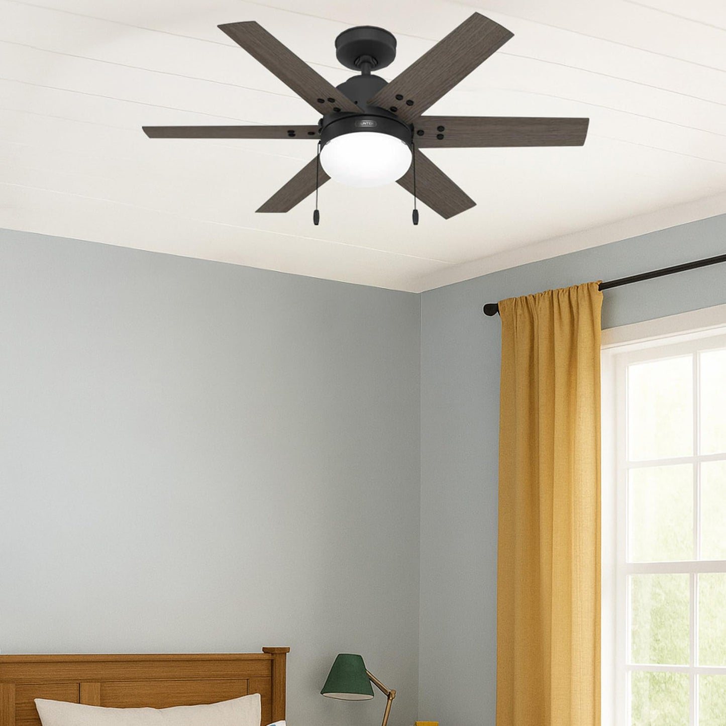 Hunter Fan 44 inch Indoor Ceiling Fan with Light, Black Ceiling Fan with Pull Chain, 6 Blades for Baby Room, Bedroom, Office or Kitchen (Renewed)