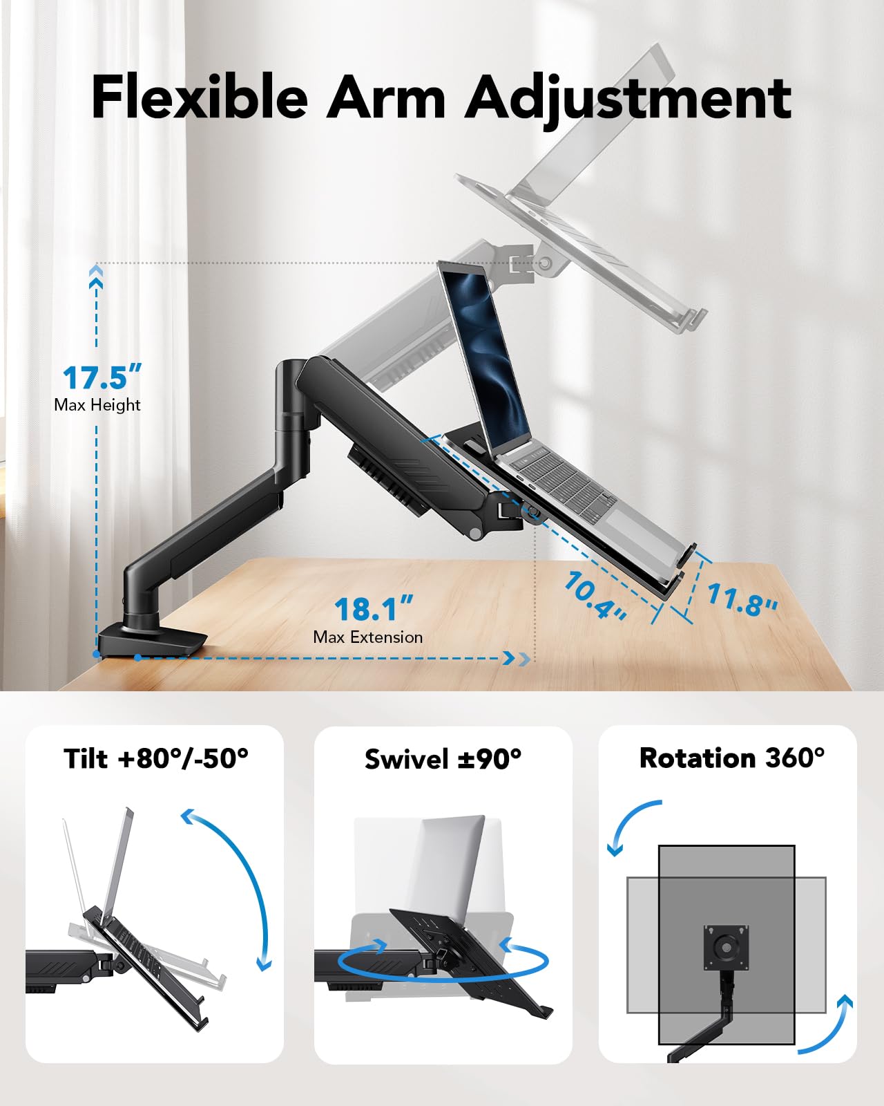 HUANUO 2 in 1 Function Laptop Mount with Tray, Fits 13-34? Monitors & Up to 17? Notebook, Ergonomic Laptop Arm with Full Motion Adjustment, Laptop