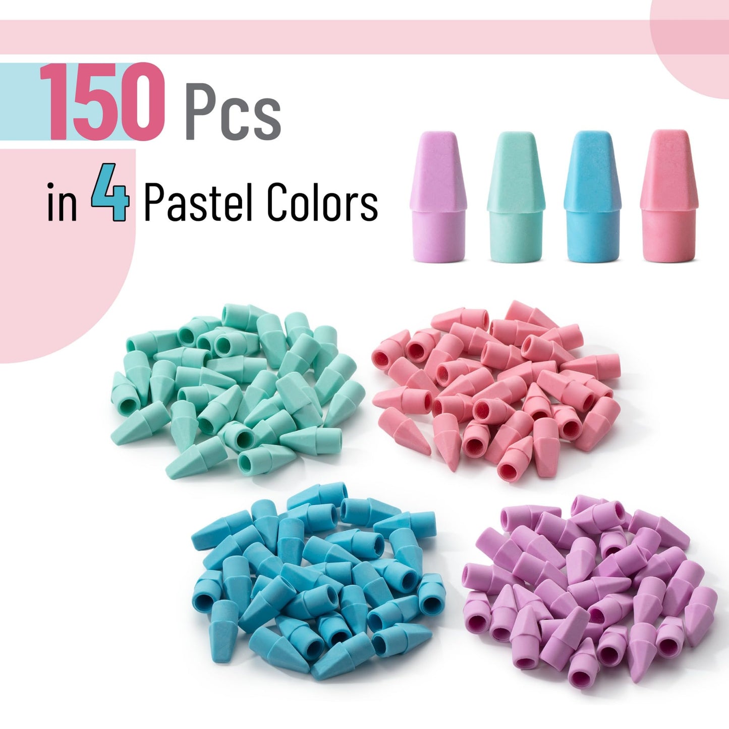 Mr. Pen- Pencil Top Erasers, 150 Pack, Pastel Colors, Latex-Free, No-Smudge Cap Pencil Erasers for Precise Erasing, Kids, Teachers, Studying Supplies