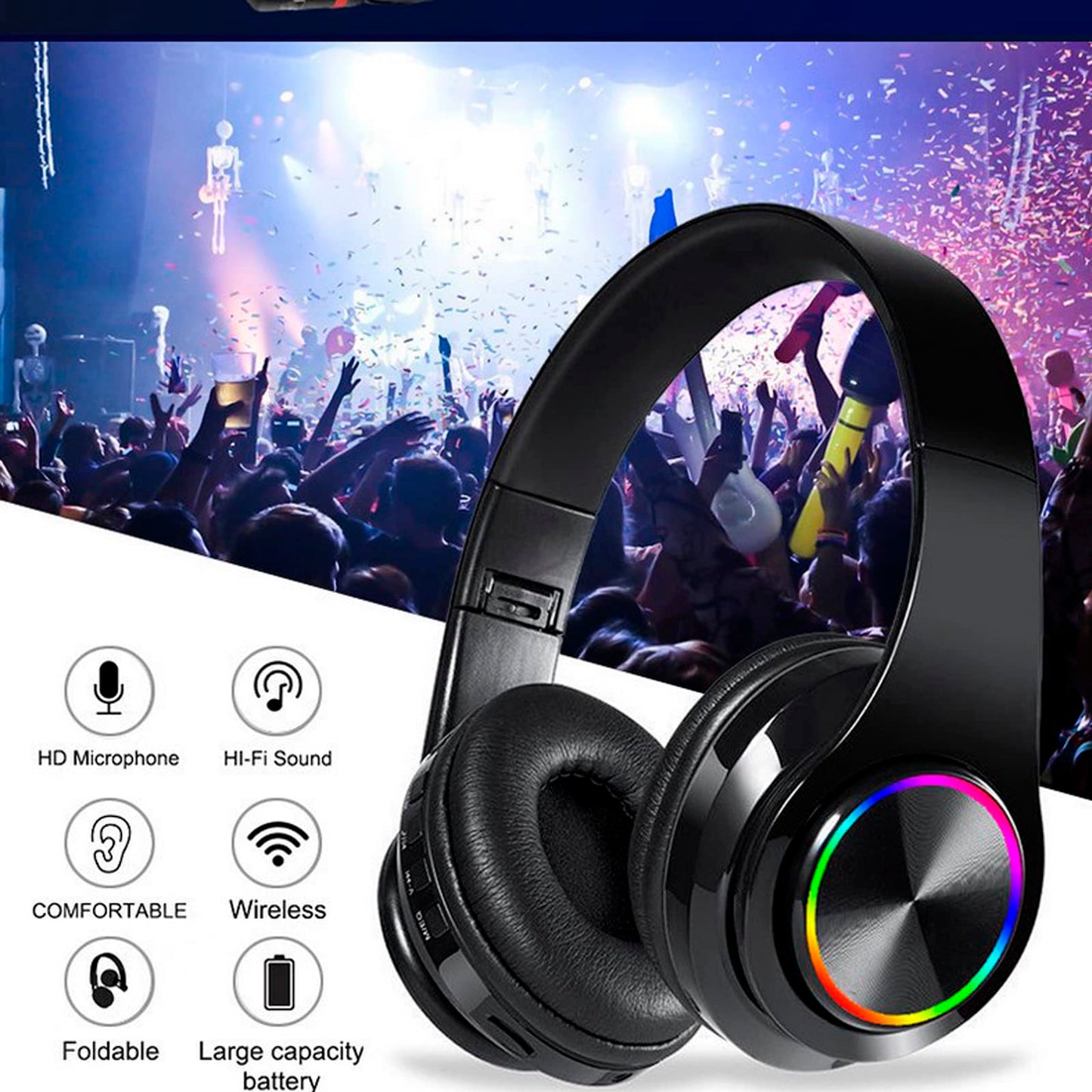 Kids Bluetooth Over Ear Headphones, Colorful LED Lights Headphones with Built-in Mic, Bluetooth 5.0, Wired and Wireless Foldable Stereo Headphones…