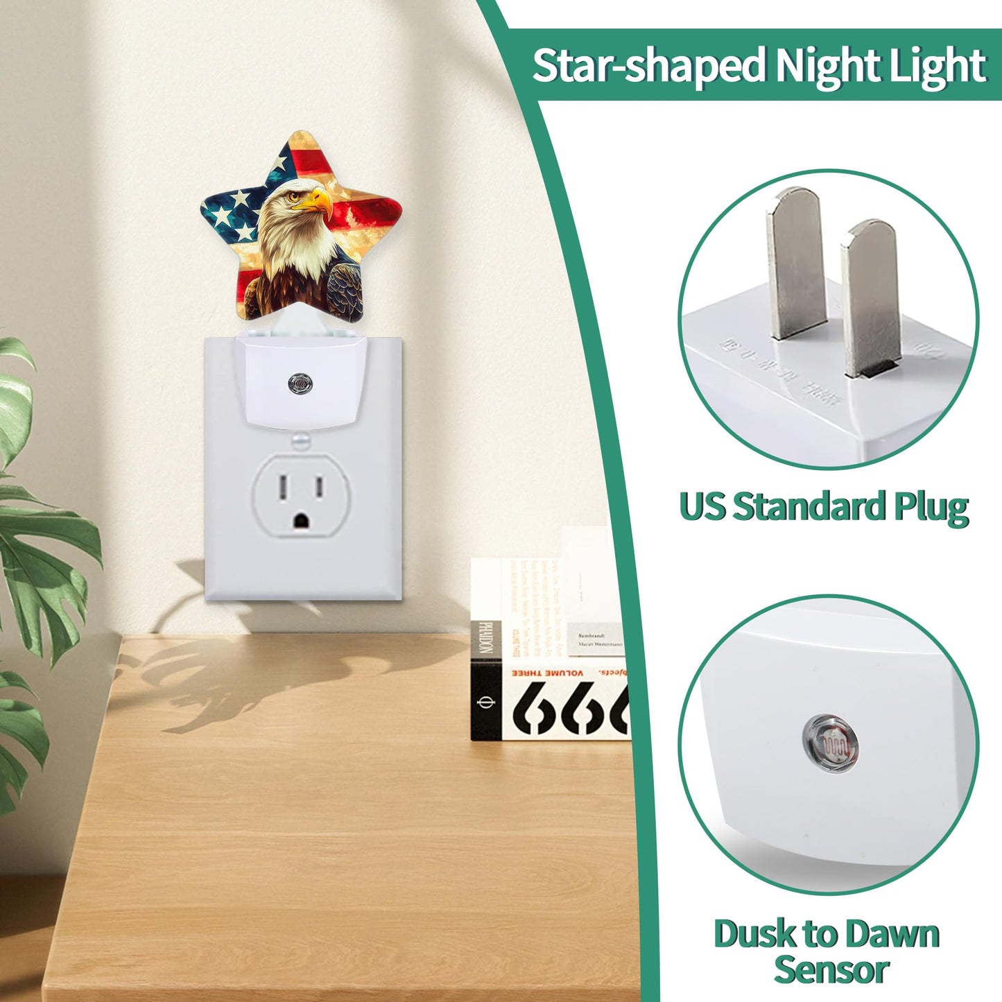 Eagle American Flag Plug in Star Night Light, Night Light with Sensor for Kids Nursery Bedroom, Decorative Soft Glow Lamp for Hallway Bathroom, Energy