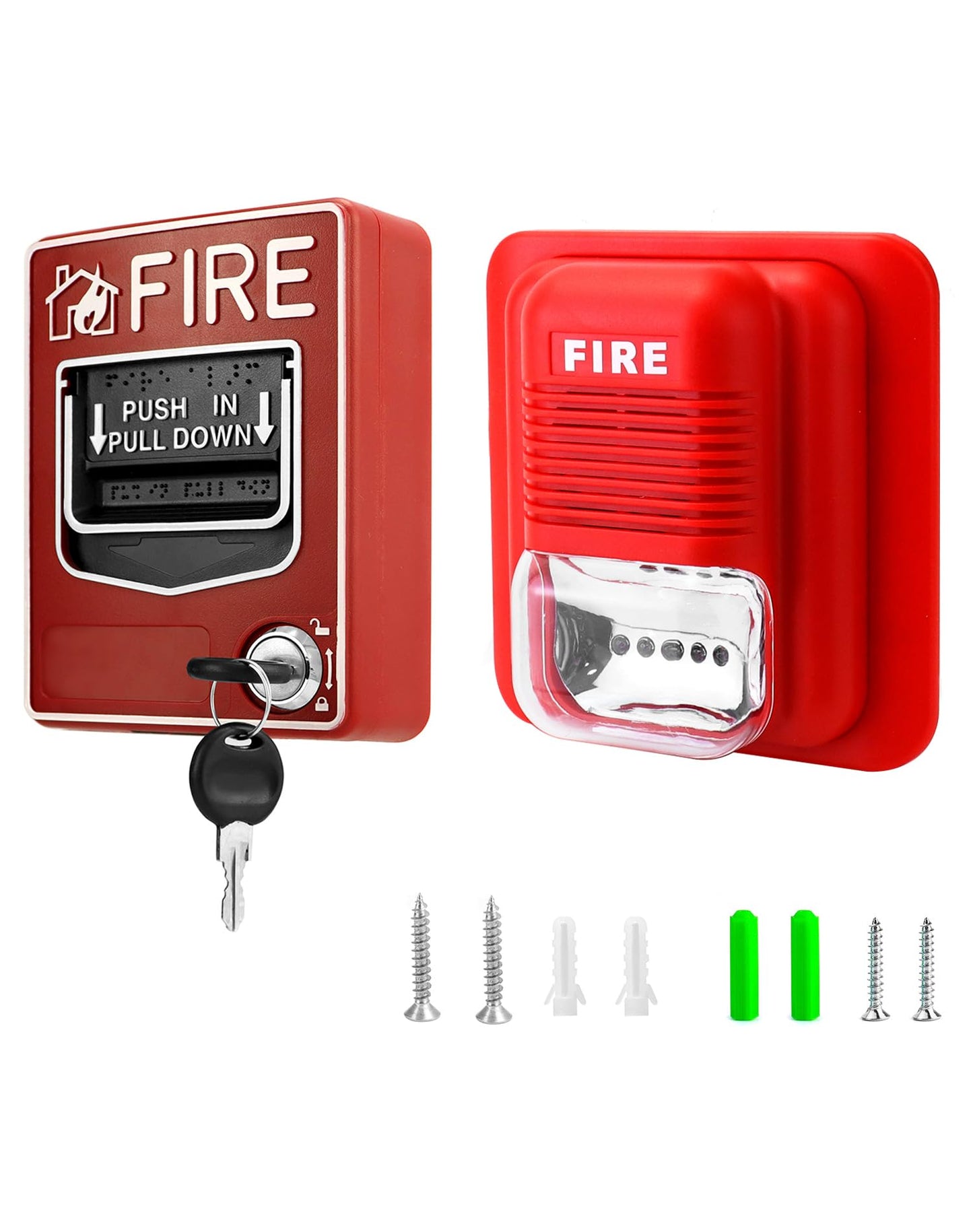 QWORK Wired Emergency Sound and Light Fire Alarm Station, 12 / 24V DC Wired Strobe Siren Horn and Dual Action Manual Call Point Panic Button 9-28VDC
