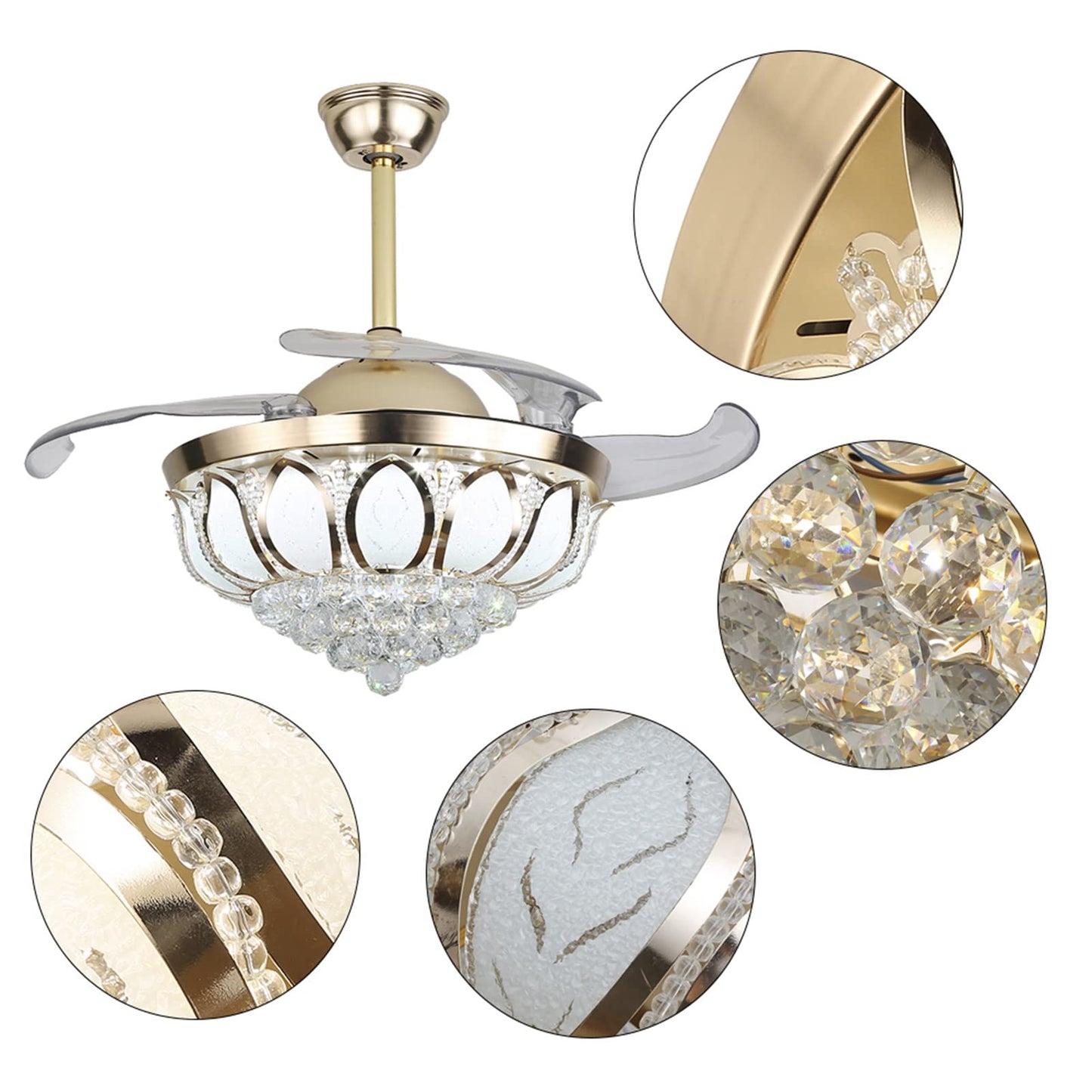Gdrasuya10 42 Inch Modern Crystal Ceiling Fan Light & Remote, LED Chandelier, with Reverse 4 Invisible Retractable Blade 3 Colors, 3 Speeds, Dimmable