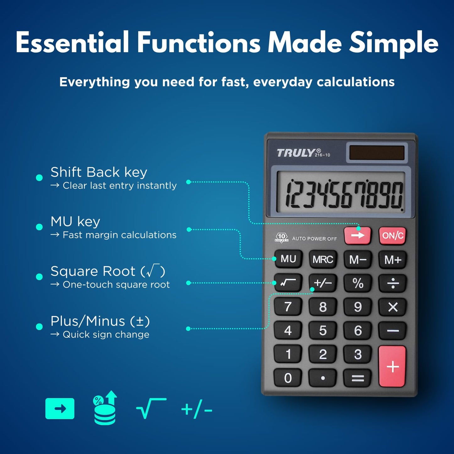 TRULY Pocket Calculator, 10-Digit Solar Calculator with Dual Power, Big Buttons, Auto Power Off, Compact Mini Calculator with PU Leather Case