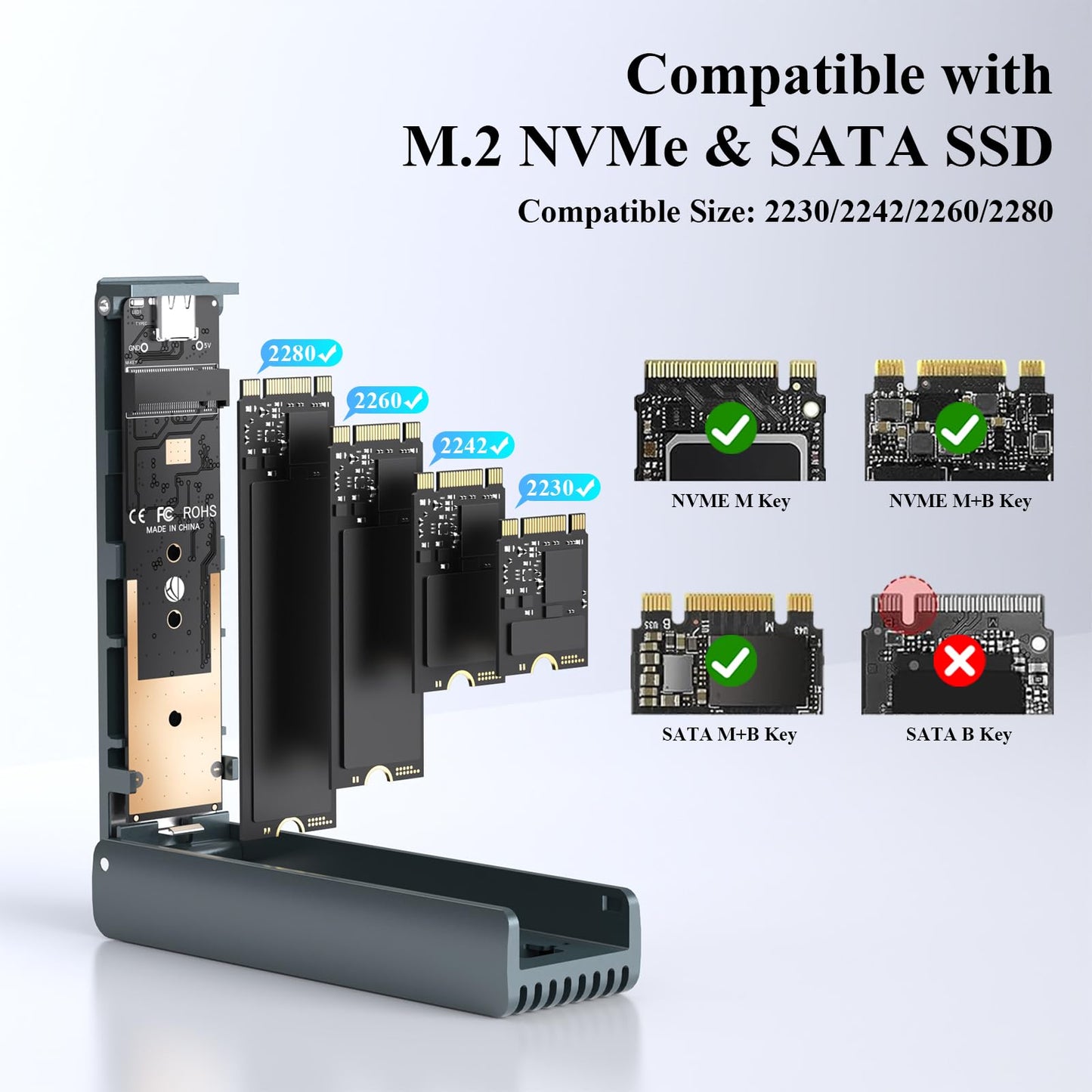 Xiaobi NVMe Enclosure with Cooling Fan, Tool-Free Installation,Full Aluminum Alloy, Sandwich Style Design, USB 3.2 Gen 2 PCIe Adapter for M & M+B Key