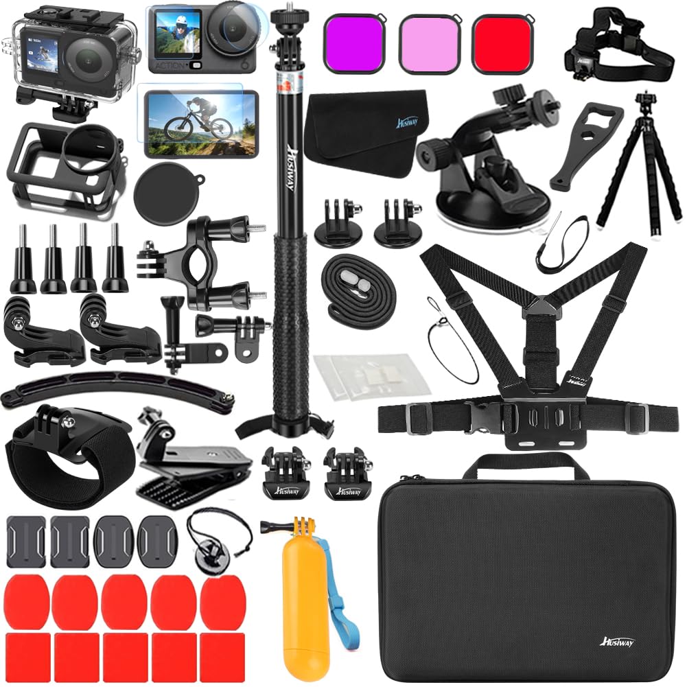 Husiway Accessories Kit for DJI Osmo Action 6 Waterproof Case Diving Housing Silicone Case Glass Screen Protector Film Whole Bundle 60D