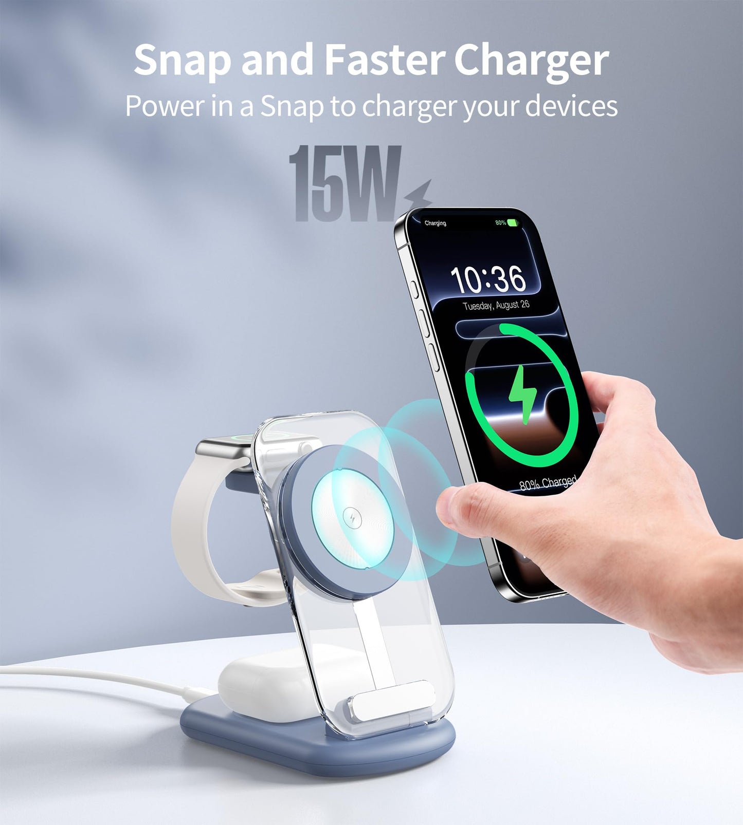 3 in 1 Magnetic Wireless Charging Station for Apple Devices, Fast Foldable Mag-Safe Charger Stand with Night Light for iPhone 17 16 15 14 13 12