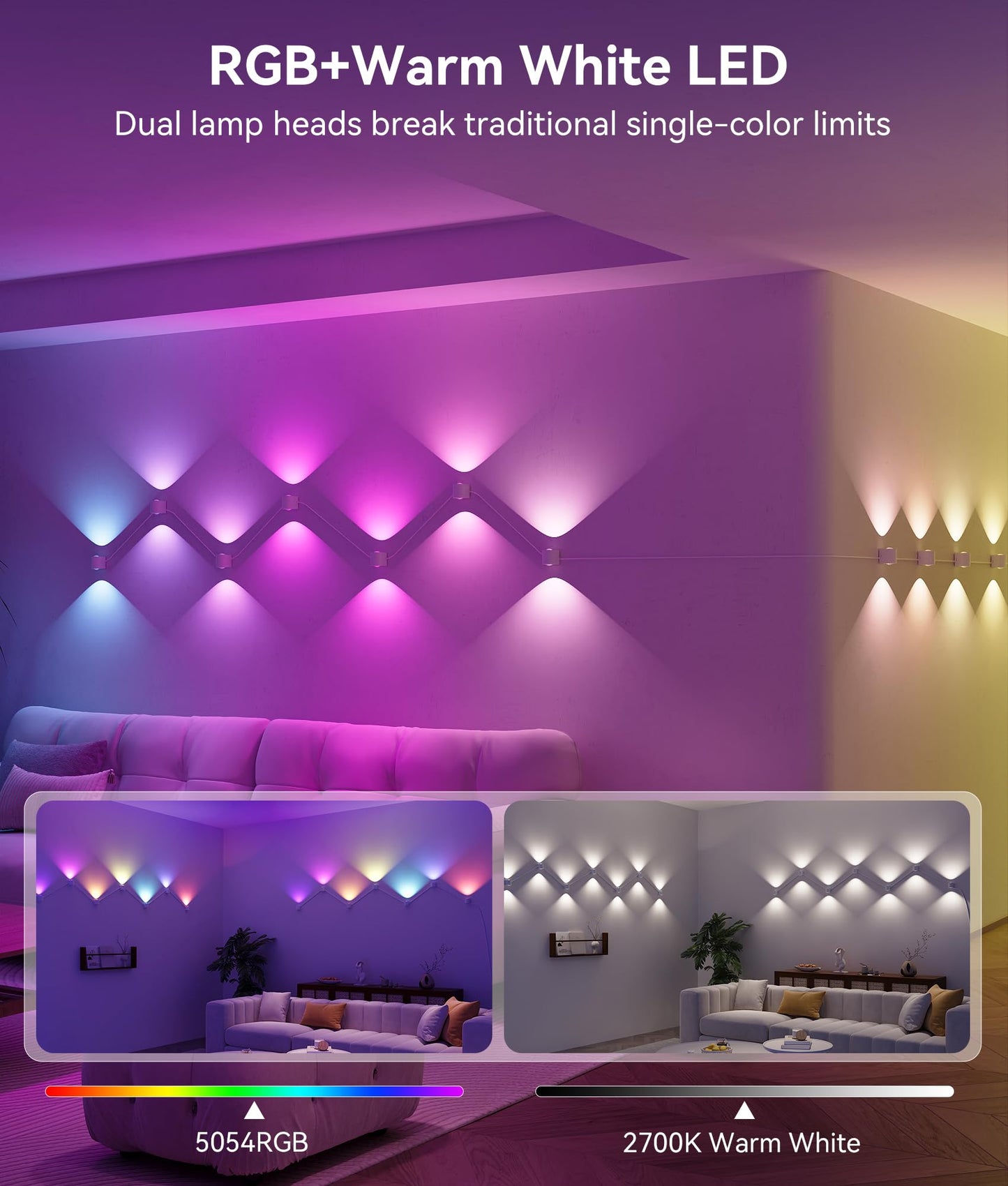 DeckTok 8-Light RGBCW Wall Sconce Light, Up/Down Bedroom Wall Lights, Music Sync, DIY-Styling Color-Changing Wall Lamps for Living Room Party Home