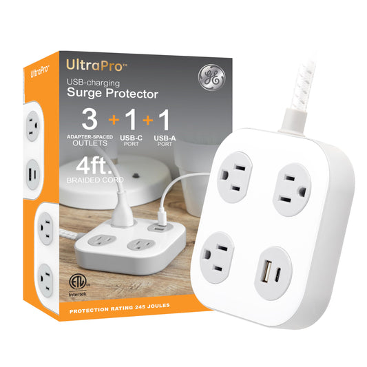 GE UltraPro 3-Outlet Surge Protector with 4ft Braided Cord, Power Strip, Extension Cord, Flat Plug, 1 USB-A & 1 USB-C Port, 245 Joules, for Home