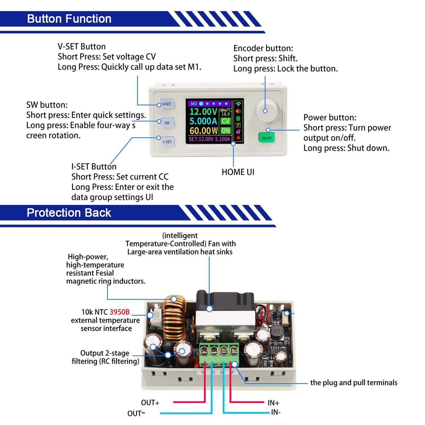 585W Adjustable DC-DC Buck Converter - 0-65V 0-9A Output, 12-72V Input, with MPPT, CV/CC Mode, Anti-Backflow, 1.8" TFT LCD Display, White Shell…