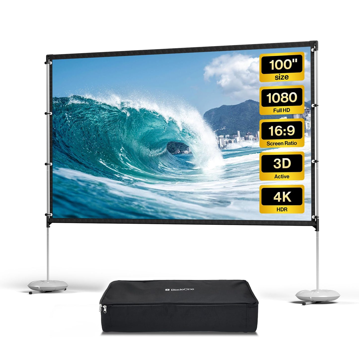 Projector Screen with Stand, BladeCine 100 inch Outdoor Projector Screen Portable Indoor Projection Screen 16:9 4K Rear Front Movie Screen with Carry