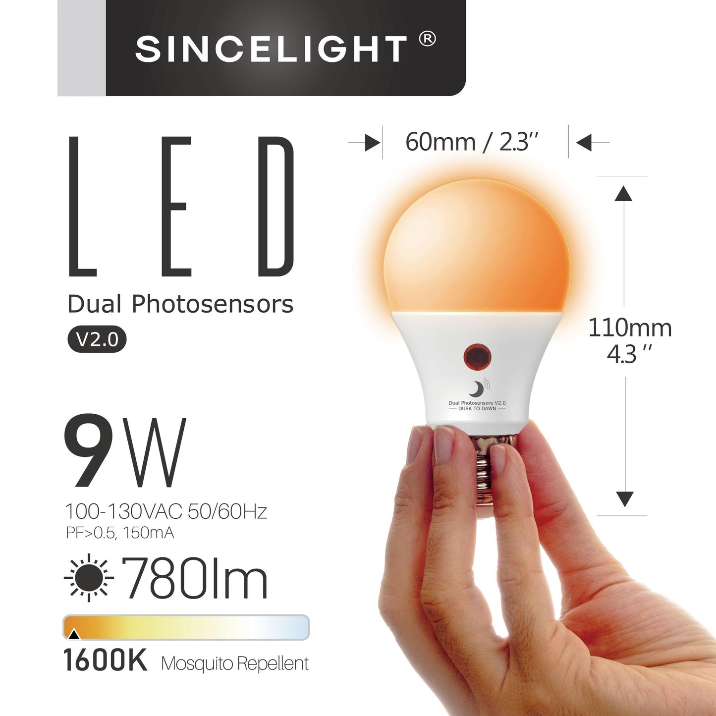 Dusk to Dawn LED Mosquito Bulb with Dual Daylight Sensor,Bug Free & ON/Off Automatic Depends On Daylight Level,9 Watt,Edison Screw E26,Pack of 2