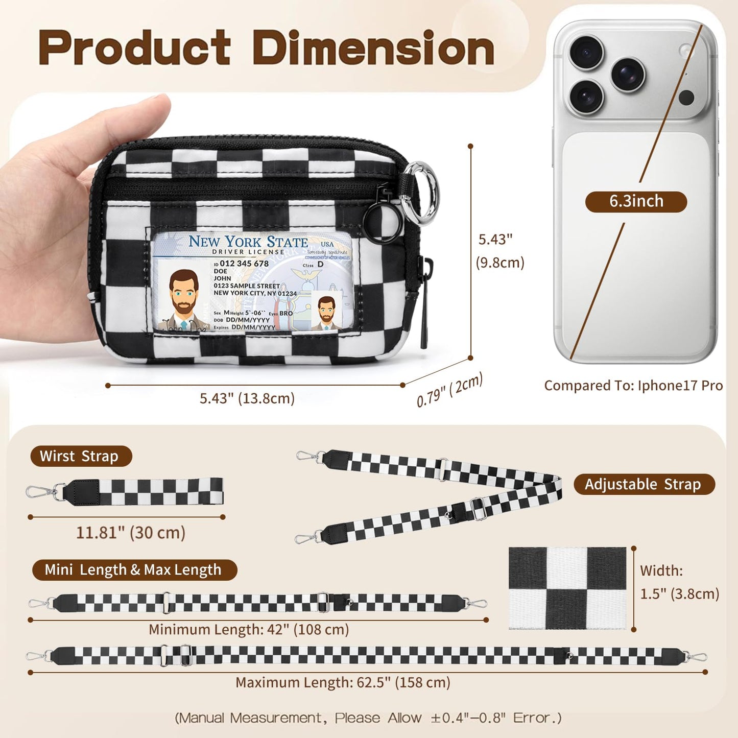 RsAingT Wristlet Wallets Keychain for Women, Clip and Go Strap for Phone with Clear ID Window Zipper Coin Purse(Checkerboard)