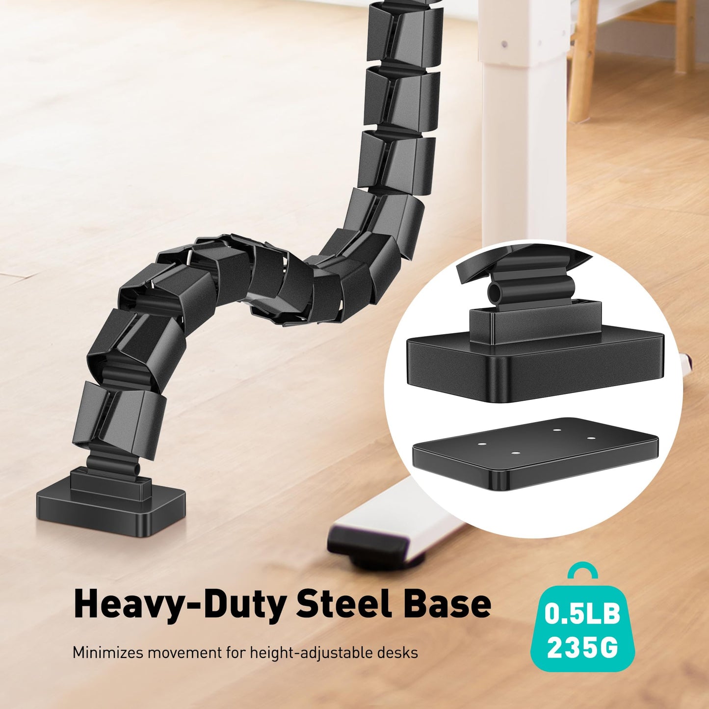 DeskLogics Clamp-On Cable Management Spine, No-Drill Vertebrae Wire Hider for Glass & Wood Standing Desks, Tool-Free Adjustable Desk-to-Floor Cord
