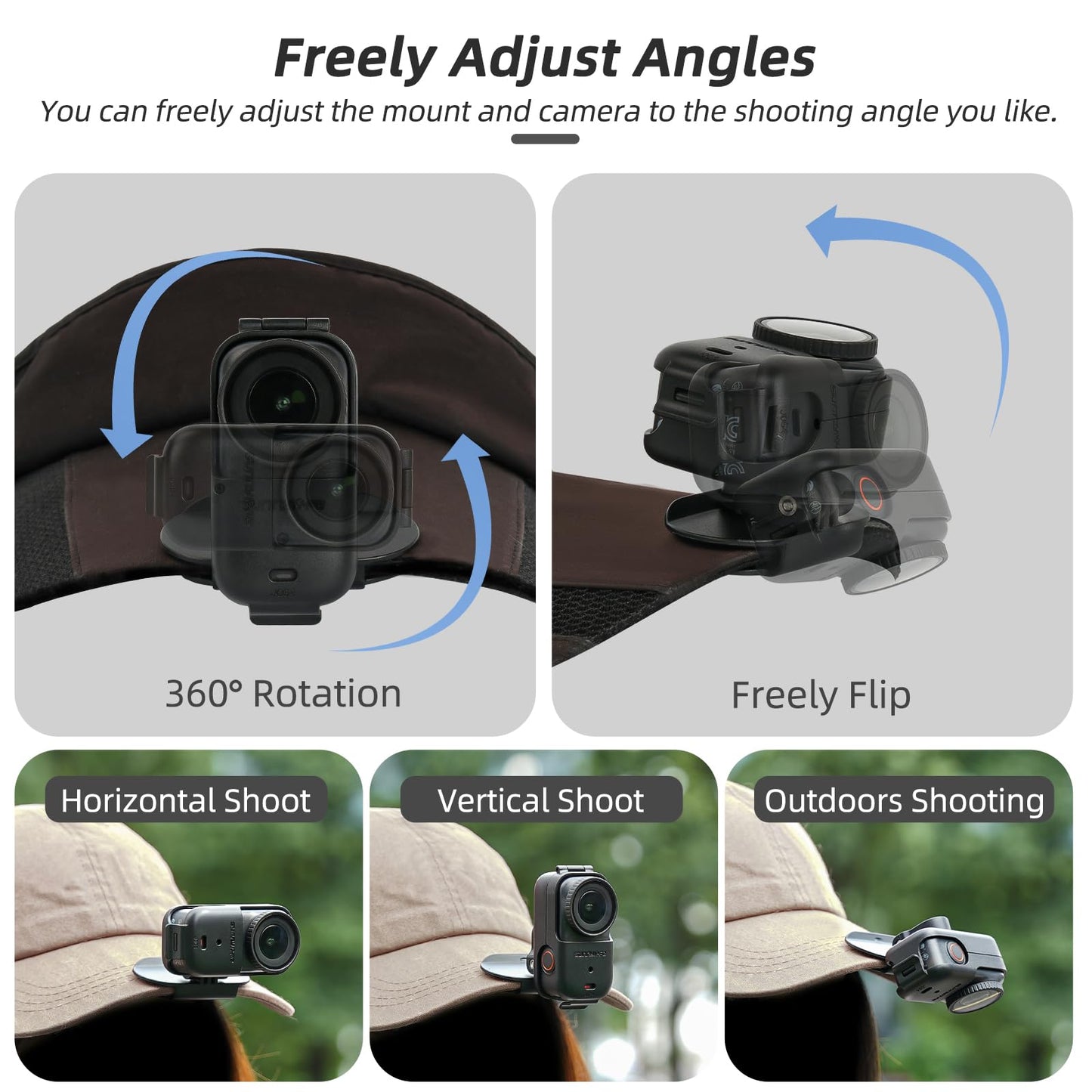 CAPART Vertical/Horizonal Hat Clip with Frame Cage for DJI OSMO Nano, 360° Rotatable 180° Tiltable Baseball Cap Camera Mounting Bracket Clamp, Widely
