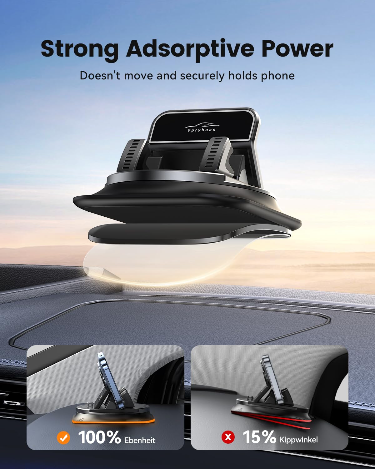 Vpryhuan 360 Degree Rotation Dashboard Phone Holder for Car, Anti-Slip Grips & One-Hand Operation Car Cell Phone Mount with Adjustable Spring Clip