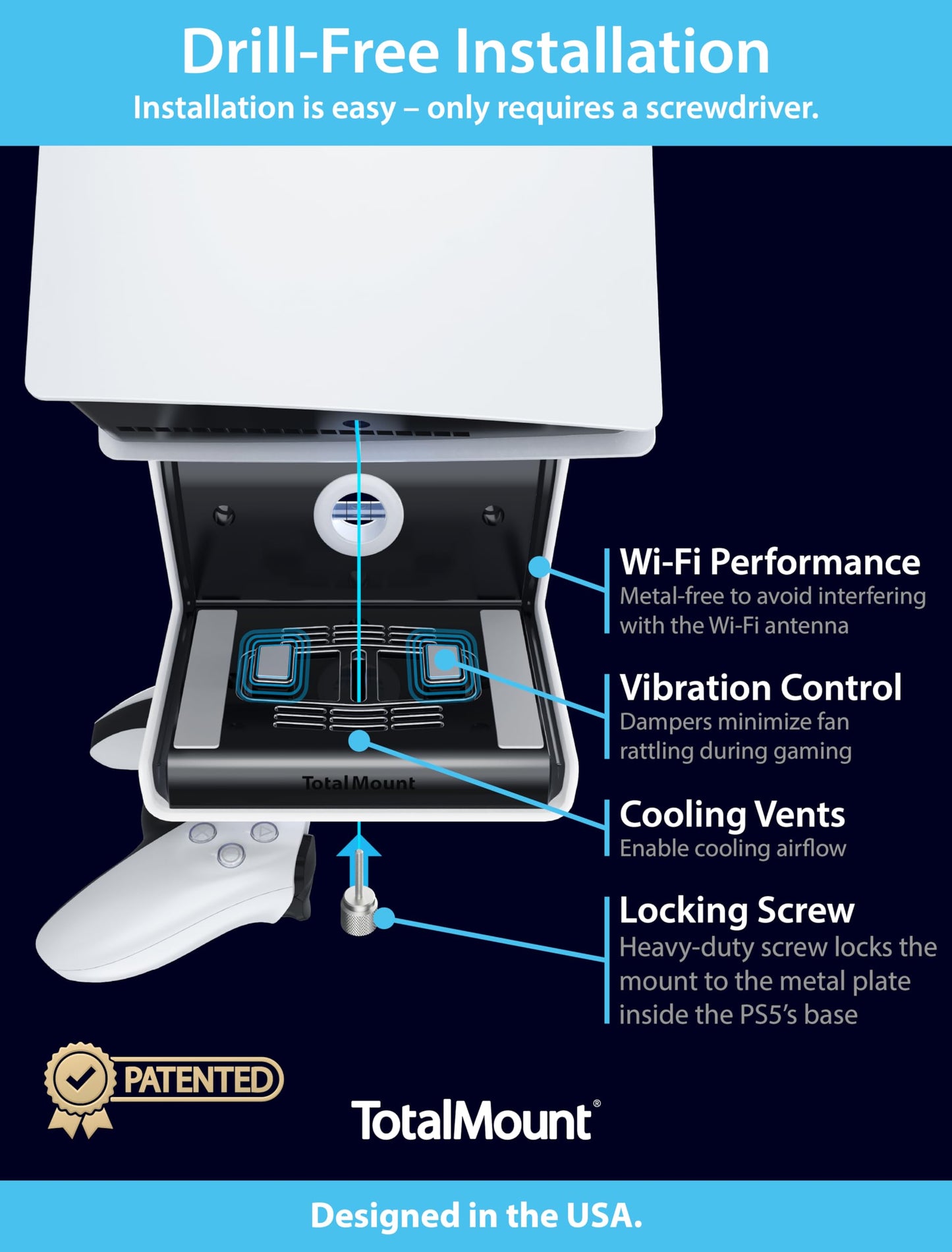 TotalMount Wall Mount for All PS5 Models - Bonus: Holds Two Controllers (Compatible with All PS5 Models Including Slim, Pro, and Original)