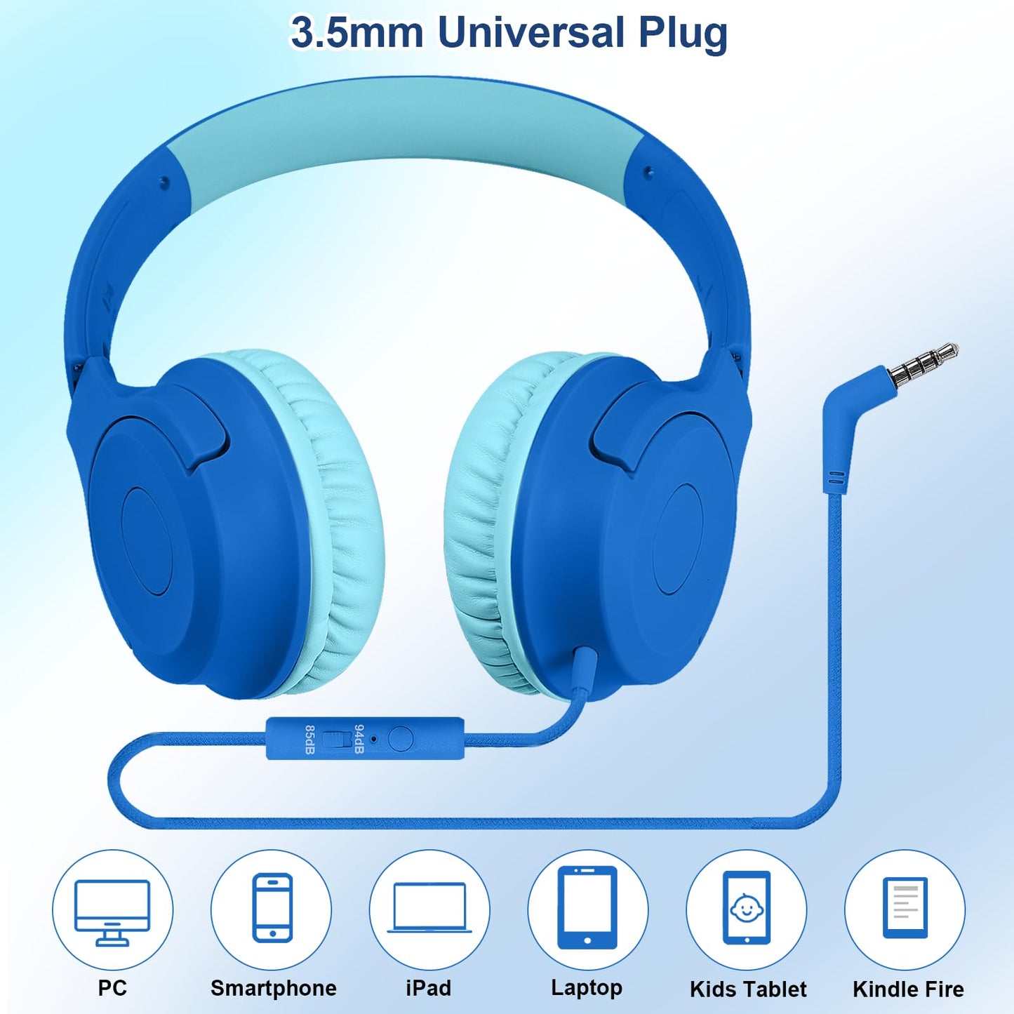 FNSHIP Kids Wired Headphones with Microphone, 85/94dB Safe Volume Limiter,Foldable,3.5mm Jack Over-Ear Cord Headset for Online Study/Travel…