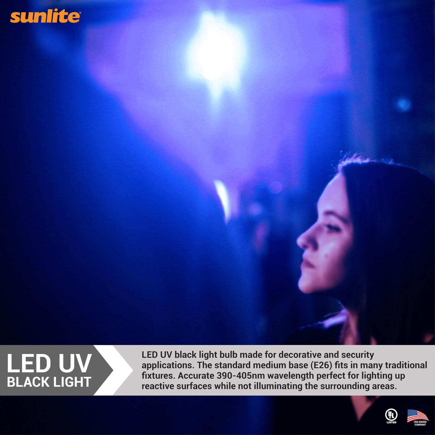 Sunlite LED A19 Black Light UV Bulb, 7W (60W Equiv.), Medium E26 Base, Non-Dimmable, 390-405nm Wavelength, Ideal for Black Light Room Decor, Halloween