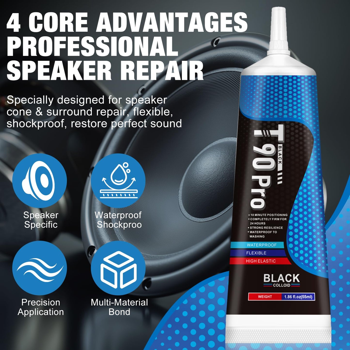 1.86 Oz Speaker Glue, Speaker Repair Glue, Strong Speaker Glues with Blue Clips, Waterproof and Shockproof, Used for Assembling and Repairing Speaker