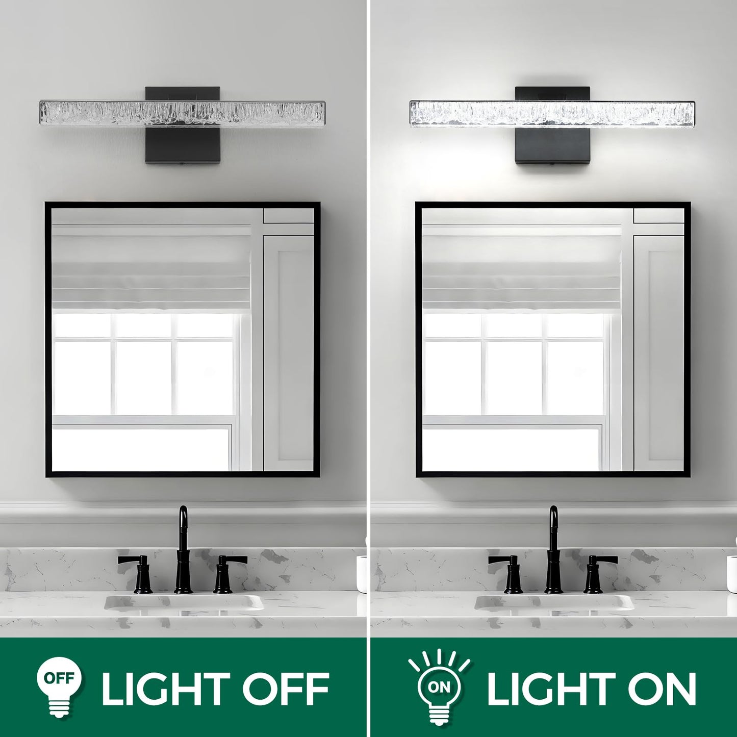 Bicrink Modern LED Bathroom Vanity Light Fixtures, 16-Inch Black Wall Sconce with Iceberg Crackle Acrylic, Linear Bathroom Lighting Over Mirror