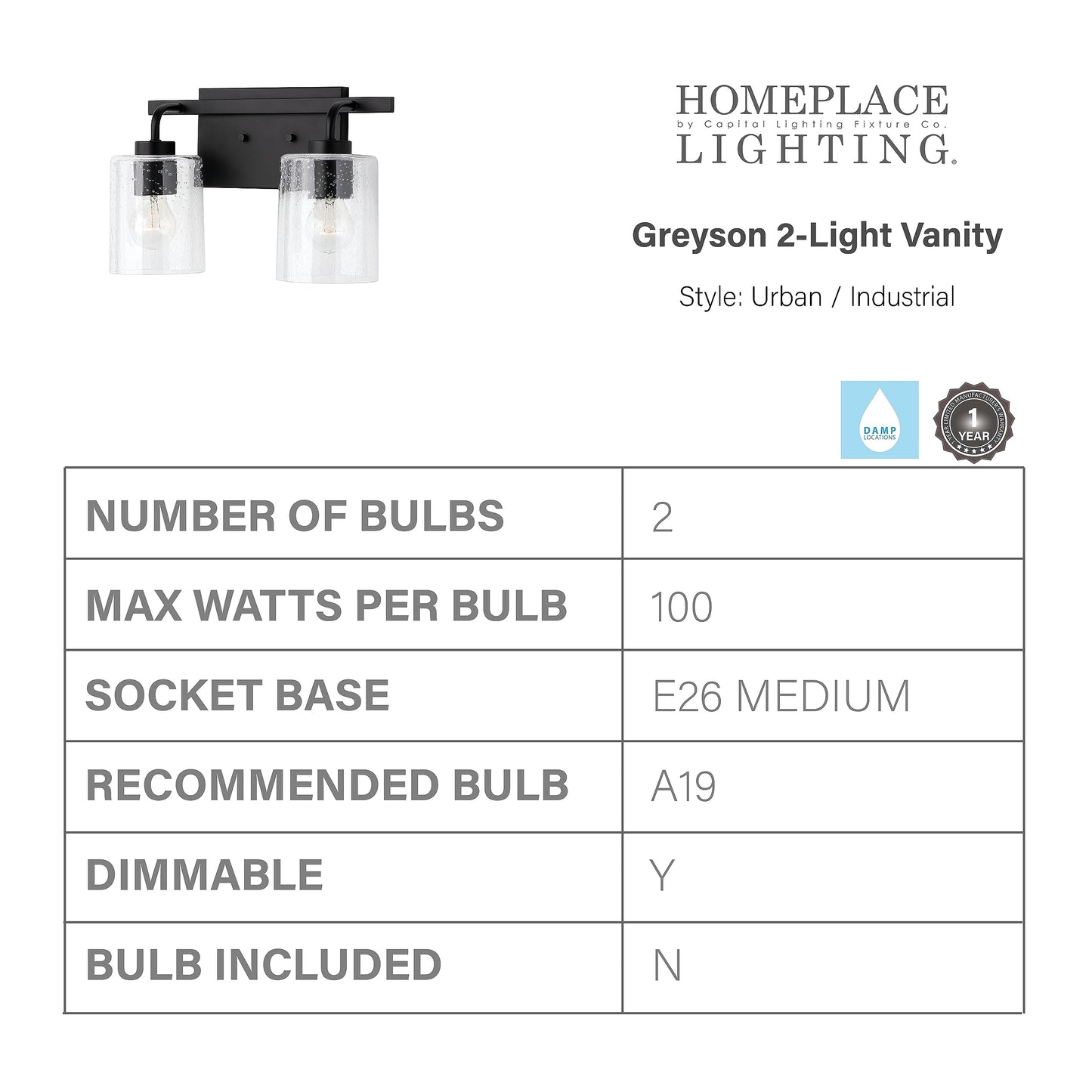 HomePlace Lighting 128521MB-449 Greyson Urban/Industrial Clear Seeded Glass Bathroom Vanity Wall Light, 2-Light 200 Total Watts, 9" H x 15" W, Matte