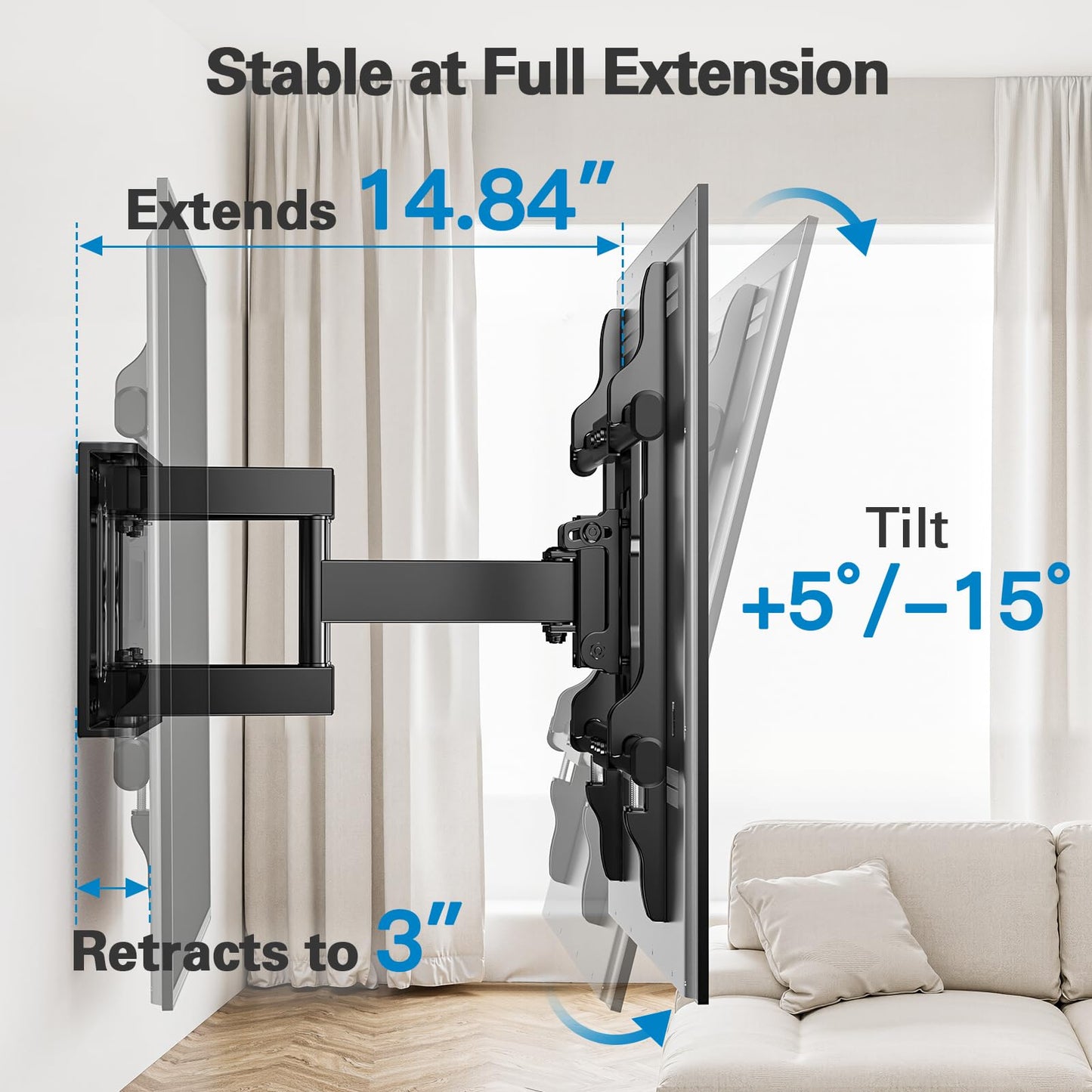 PERLESMITH Full Motion TV Wall Mount for 37-86 Inch TVs up to 132 lbs, TV Mount with Swivel Articulating Arm, Wall Mount Bracket Fits 12"/16" Wood