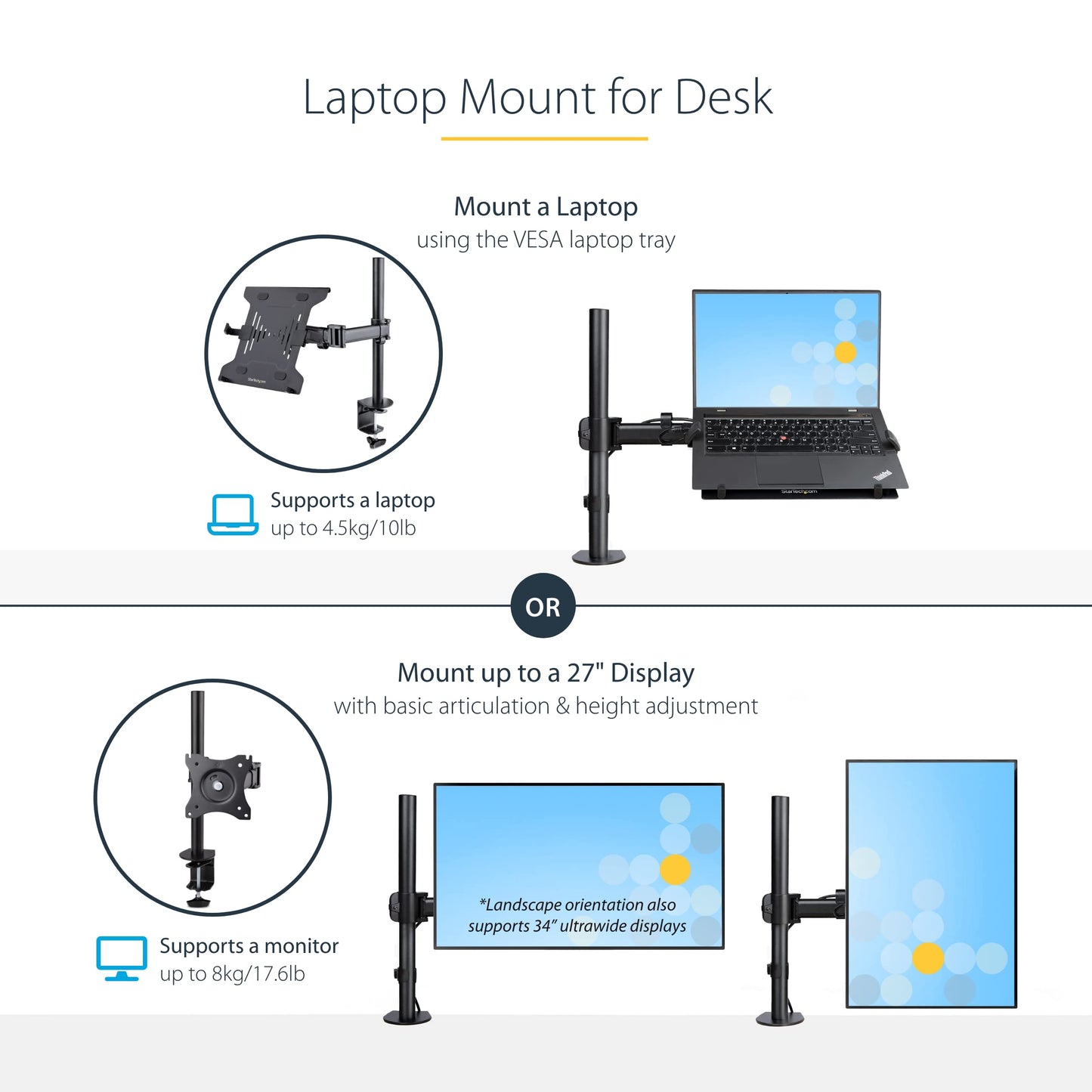 StarTech.com Laptop Desk Mount, VESA Monitor Mount for Displays up to 34" 17.6lb/8kg or Laptops up to 9.9lb (4.5kg), Articulating Arm Tray with Clamp