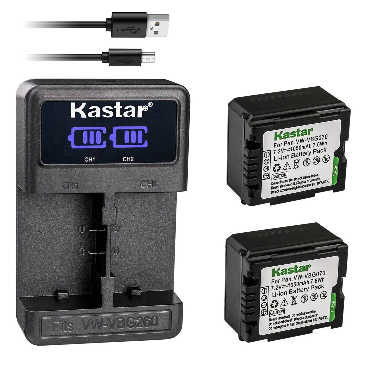 Kastar 2-Pack VW-VBG070 Battery and LED2 USB Charger Compatible with Panasonic AG-HMC45A AG-HMC70 AG-HMC70U AG-HMC73MC AG-HMC80 AG-HMC83MC AG-HMC150