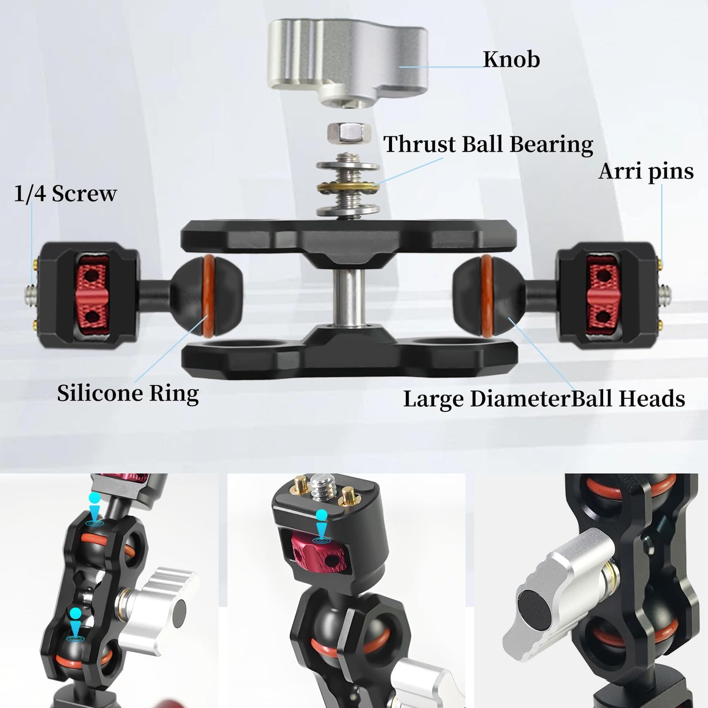 CNC Machined 4.5in Suction Cup Camera Mount with Ball Head Magic Arm, 1/4" ARRI Holes, Quick Release Car Mount with Phone Holder&Action Camera Adapter