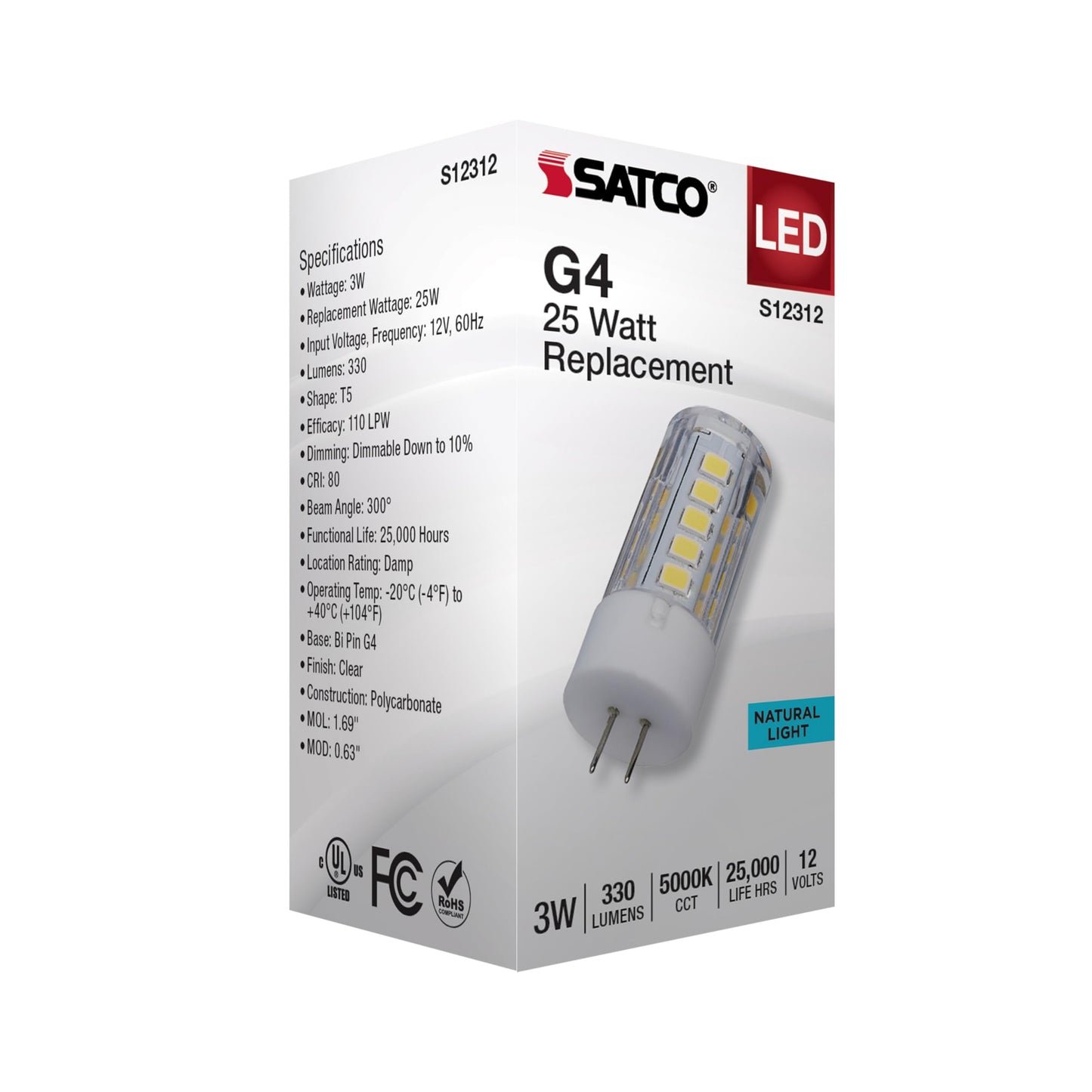 Satco S12312 T5 LED Bi-Pin G4 Base Lamp, 12V Low Voltage Halogen Replacement, 5000K, Clear