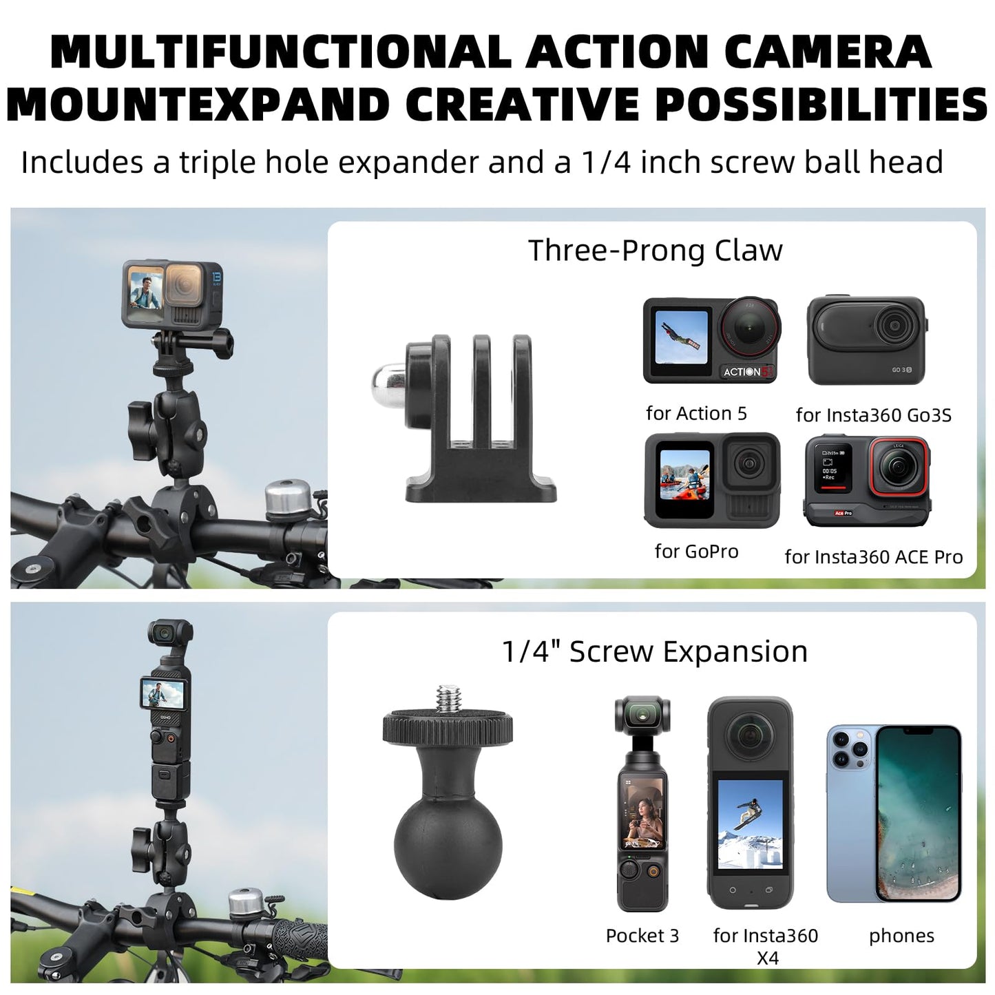 BRDRC Motorcycle Mount for Insta360 X5 X4, Bike Handlebar Clamp Mounts 59" Invisible Selfie Stick Bundle Kit for Insta 360 X5 X4 X3 X2 X ONE, for DJI