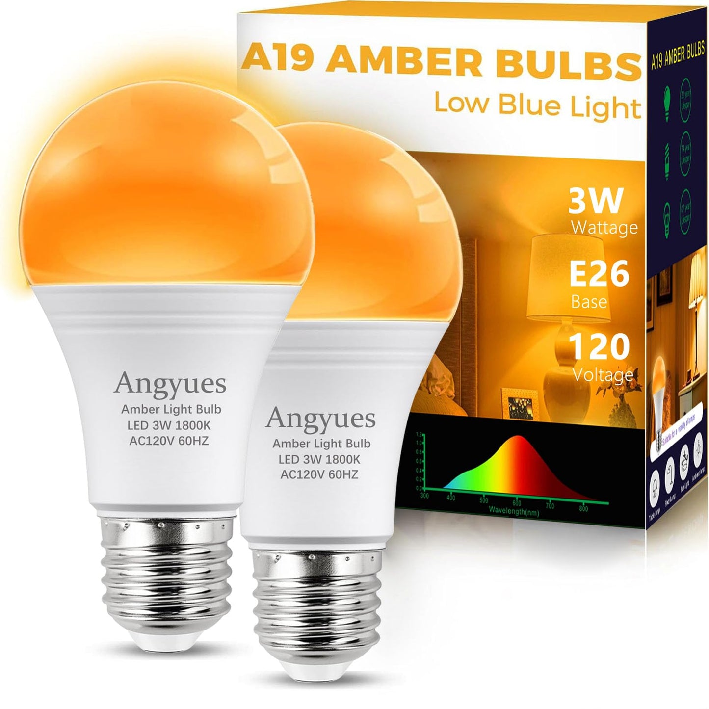 Angyues Amber Sleep Light Bulbs, Blue Light Blocking, A19 3W(25 Watt Equivalent) Dim Light Bulbs for Lamp,1800K Warm Light Bulbs,Mood Soothing Light