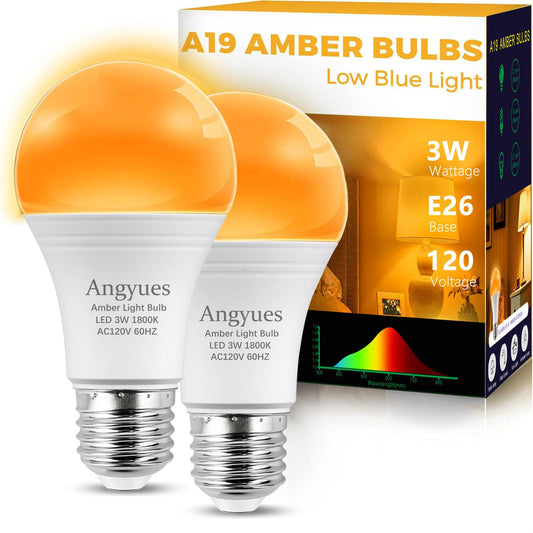 Angyues Amber Sleep Light Bulbs, Blue Light Blocking, A19 3W(25 Watt Equivalent) Dim Light Bulbs for Lamp,1800K Warm Light Bulbs,Mood Soothing Light