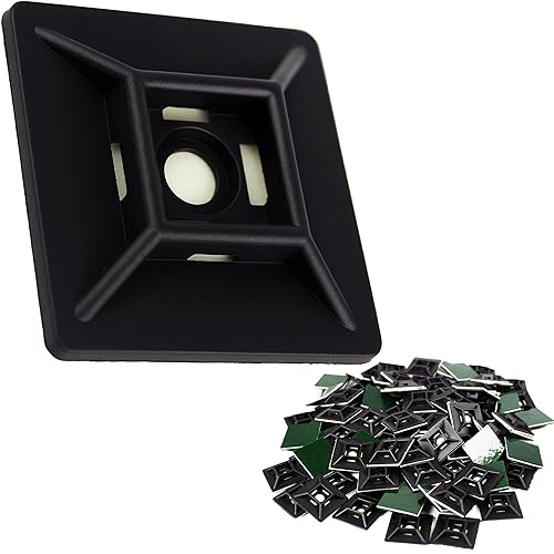 Zip Tie Adhesive-Backed Mounts 100Pk. Professional-Grade, UV Black Cable Tie Bases, 1.1 x 1.1. Screw-Hole Anchor Point Provides Optimal Strength