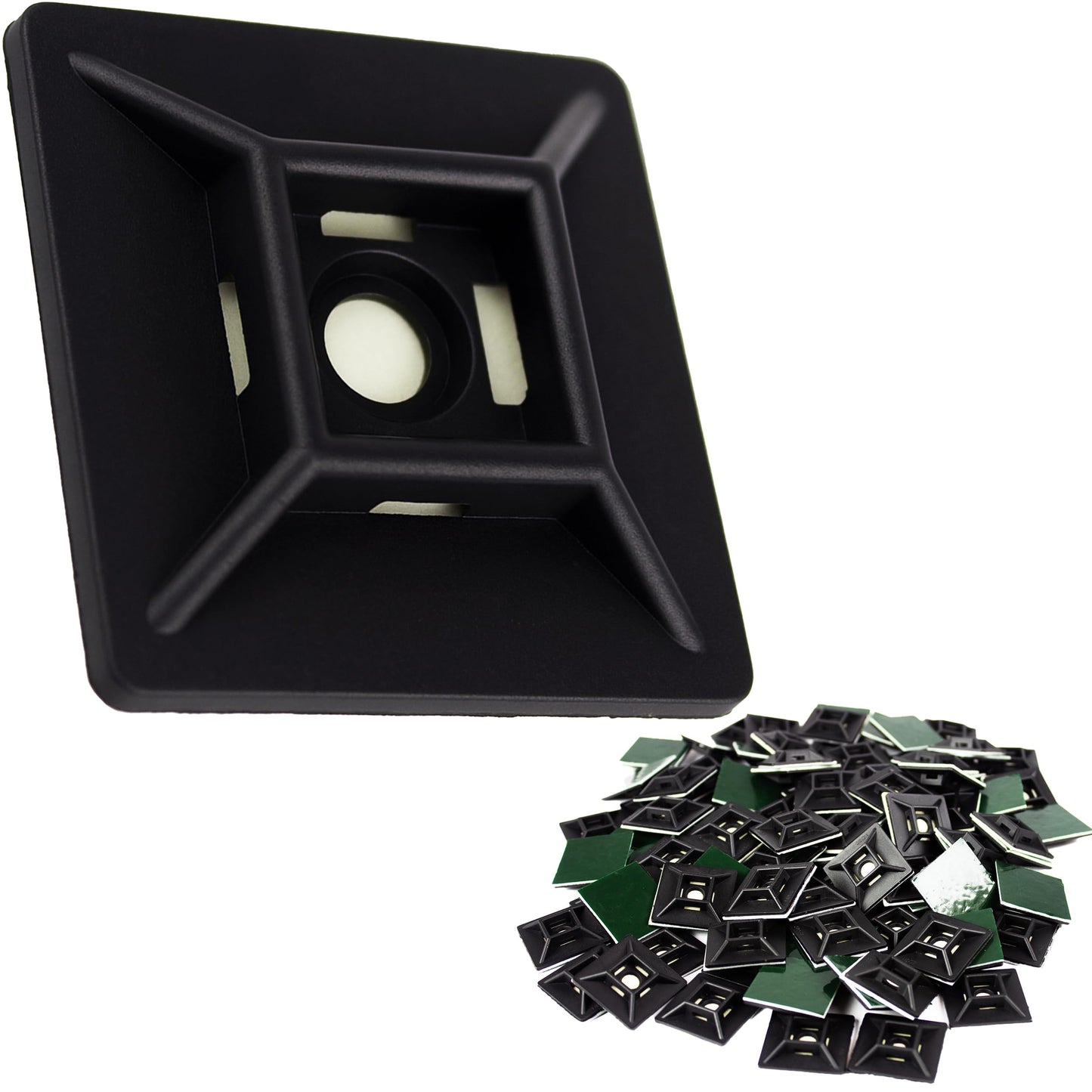 Zip Tie Adhesive-Backed Mounts 100Pk. Professional-Grade, UV Black Cable Tie Bases, 1.1 x 1.1. Screw-Hole Anchor Point Provides Optimal Strength