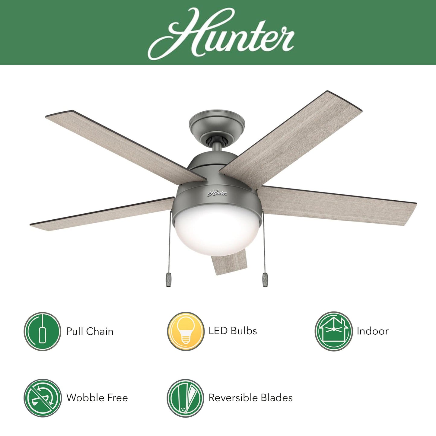 Hunter Fan 46 inch Contemporary Low Profile Ceiling Fan with Light Kit in Matte Silver (Renewed)