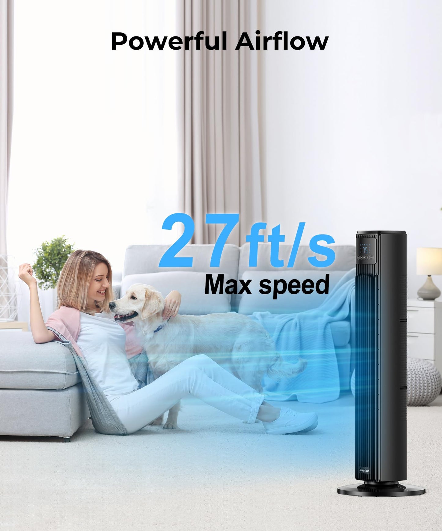 Abolee Tower Fan for Bedroom, Quiet Floor Fan, 90° Oscillating Fans for Indoors with 4 Speeds, 4 Modes, 24ft/s Velocity, FTS007R WHITE