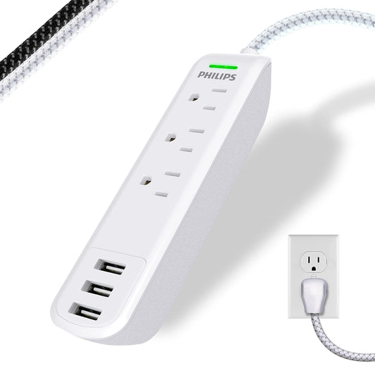 Philips Surge Protector Power Strip, 3 Outlet Surge Protector, 6Ft Cord Power Strip, Surge Protector with USB Ports, 3-Prong Flat Plug Power Strip