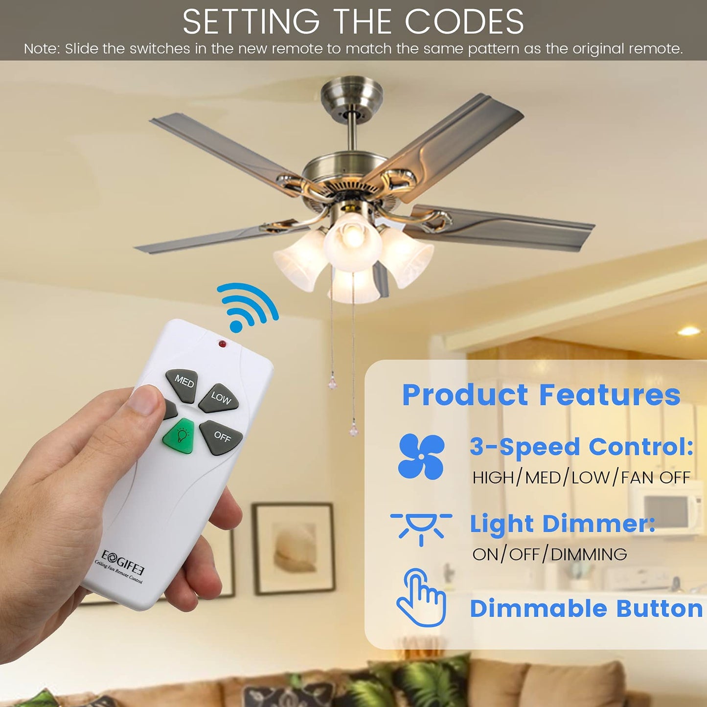 Eogifee Universal Ceiling Fan Remote Control and Receiver Kit with 3 Speed and Light Dimmer Control Replacement of Hampton Bay Harbor Breeze Hunter
