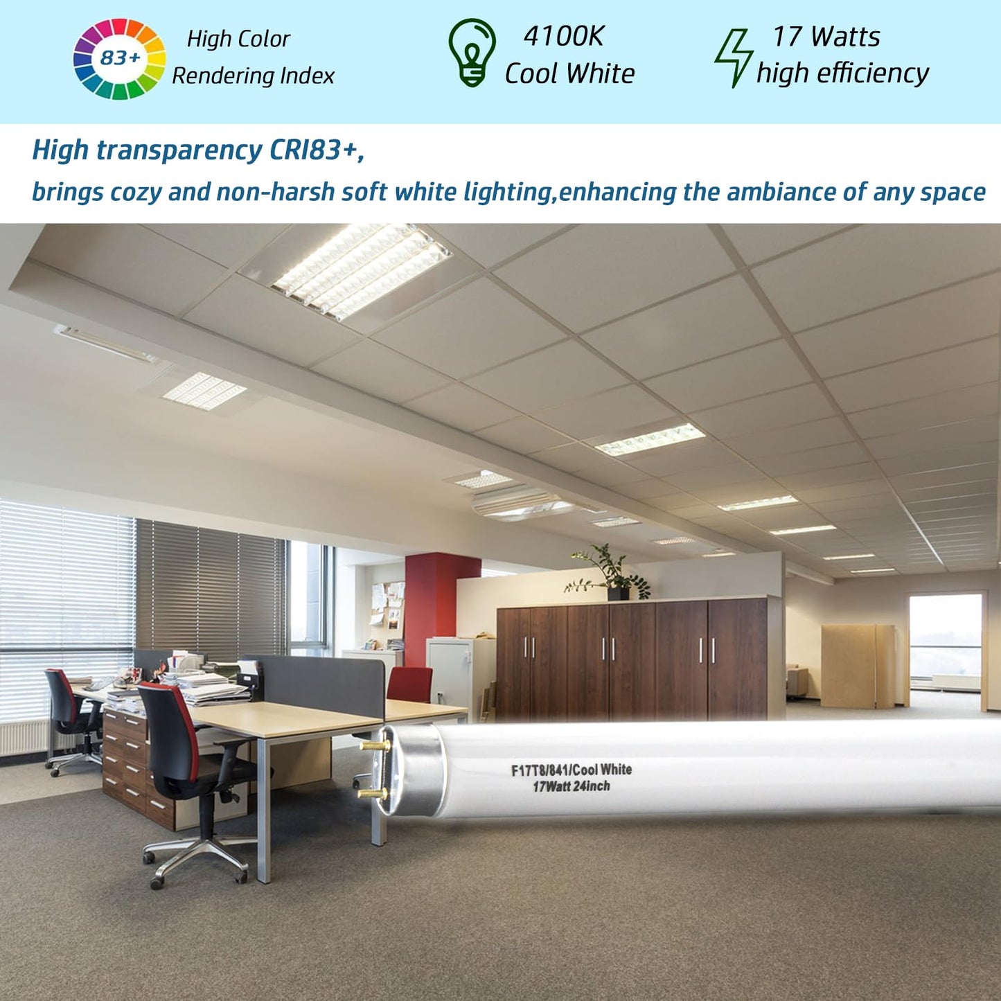 Cemlorot (12 Pack) 24 inch F17T8/841 Fluorescent Light Bulb,2ft 17Watts 4100K Cool White T8 Linear sp841 Tube, G13 Medium Bi-Pin Base