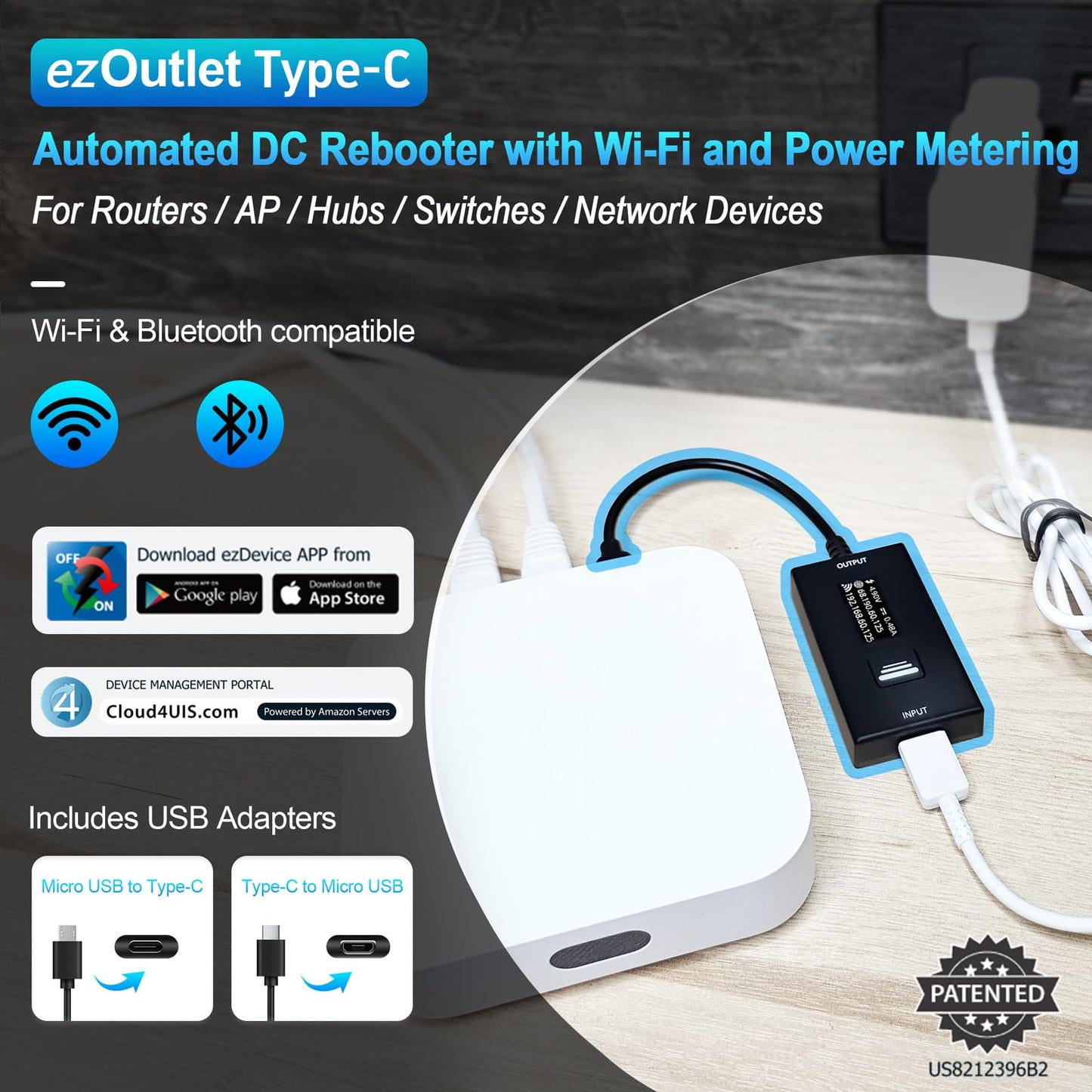 ezOutlet Automatic Router Rebooter Wi-Fi IP Enabled Remote DC Power Switch (USB Type-C Plug) with Auto Reboot, Integrated Power Metering, Manage via