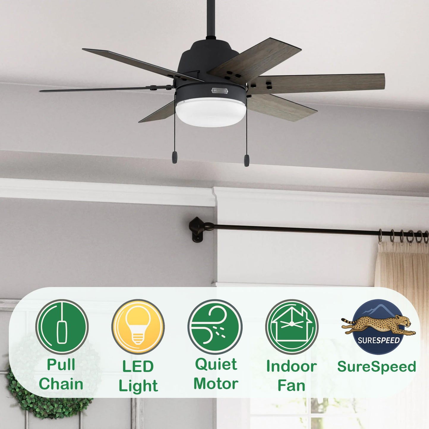 Hunter Fan 44 inch Indoor Ceiling Fan with Light, Black Ceiling Fan with Pull Chain, 6 Blades for Baby Room, Bedroom, Office or Kitchen (Renewed)