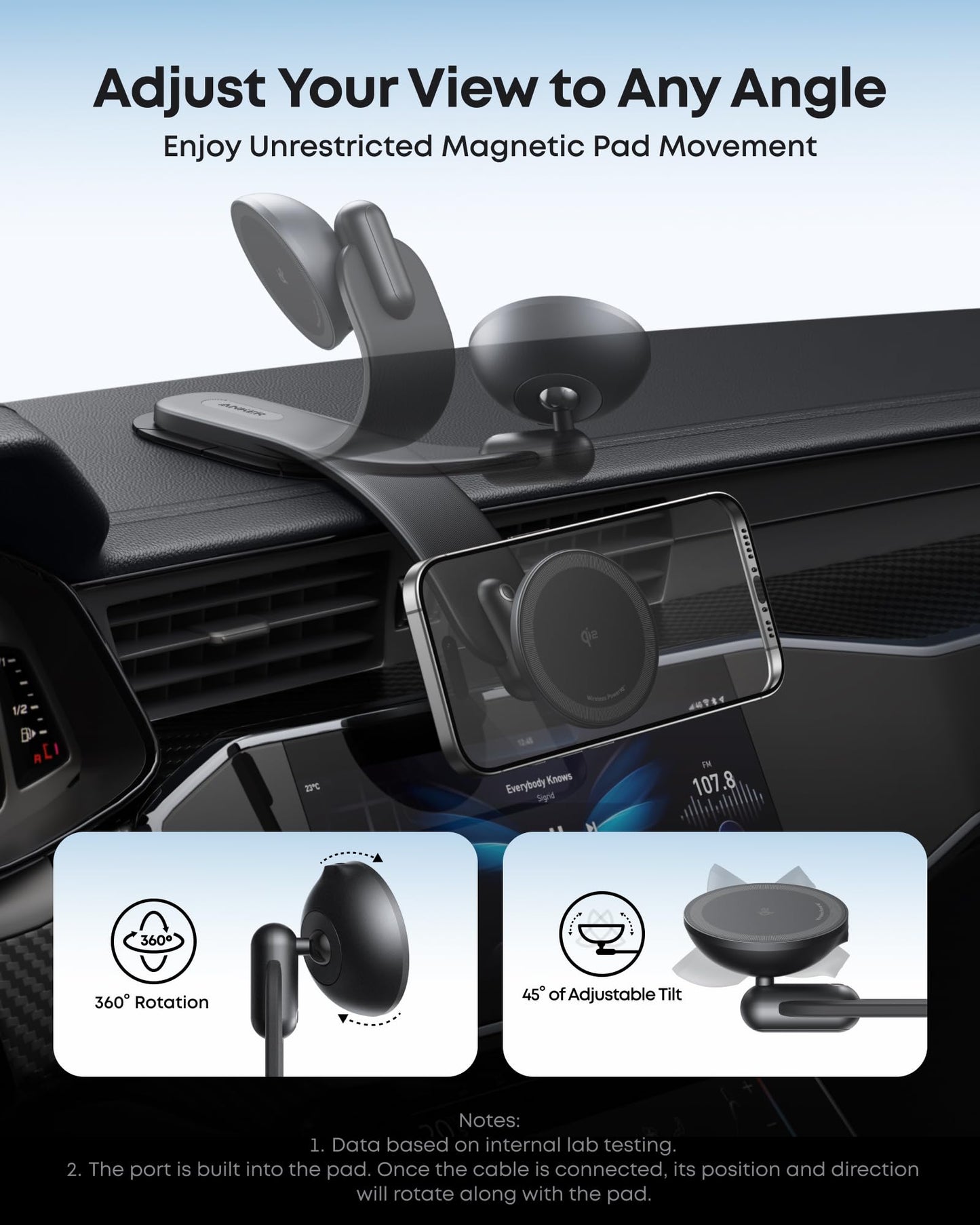 Anker Nano Magnetic Wireless Car Charger, 360° Adjustable Mount Car Charger with Detachable Pad, 15W Qi2 Certified with Alloy Bracket, Fast Charging