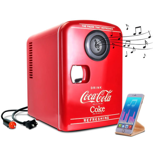 Coca-Cola 12V Portable Bluetooth Speaker Mini Fridge, AC/DC Power Cords Included, Compact Speaker and Personal Cooler/Warmer for Desk Office Dorm