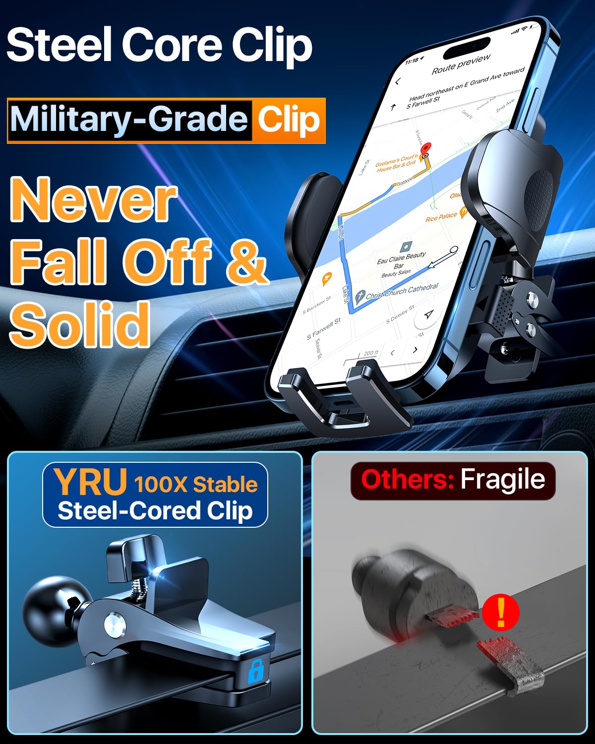 [True Upgrade for Safety] YRU Car Phone Holder Mount [Patent & Military-Grade] Dashboard Cell Phone Holder for Car Vent Windshield Phone Stand