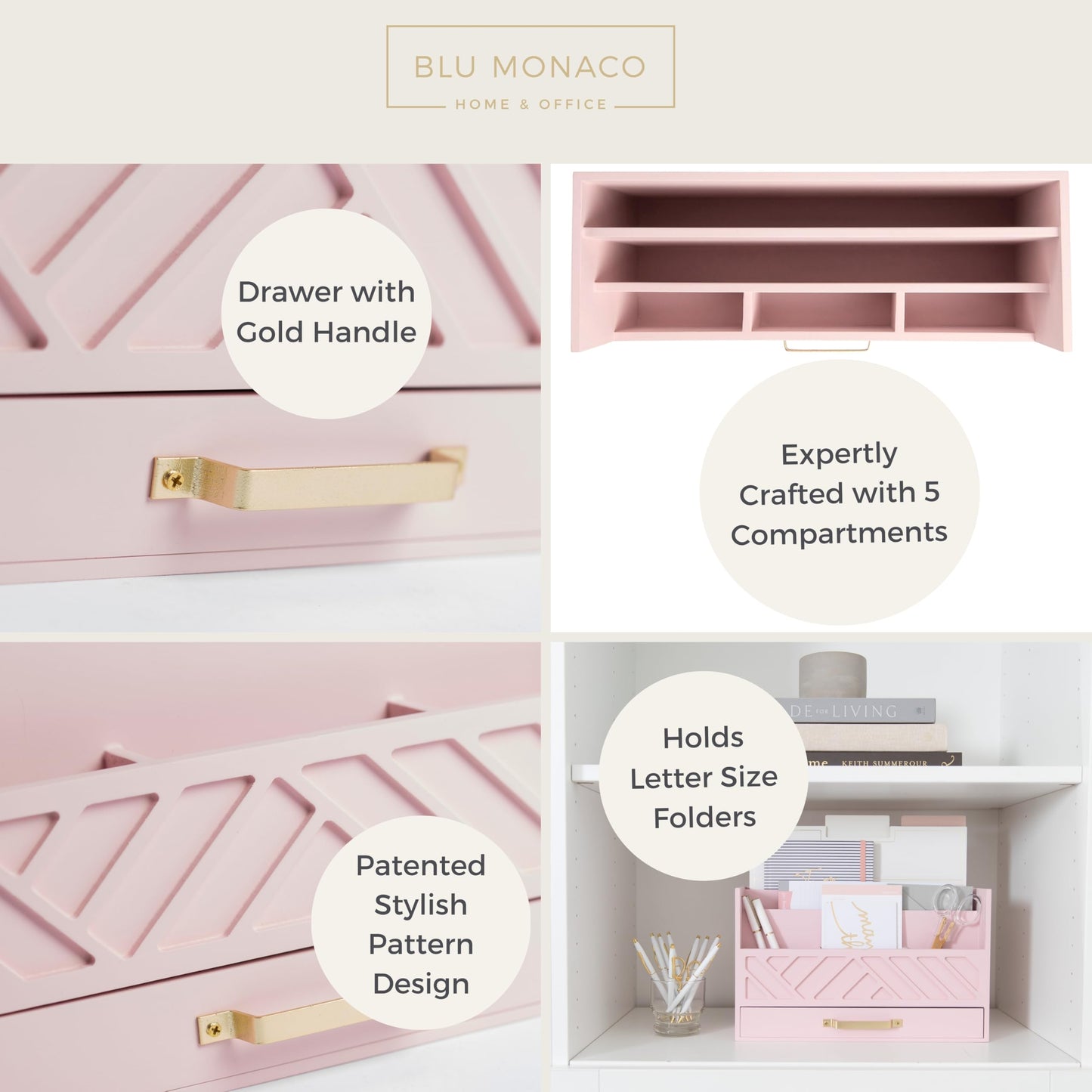 BLU MONACO | Pink Desk Organizers Wooden Mail Organizer with Drawer | Mail Sorter Organizer Countertop Gold Handle | Desk Organizers and Accessories
