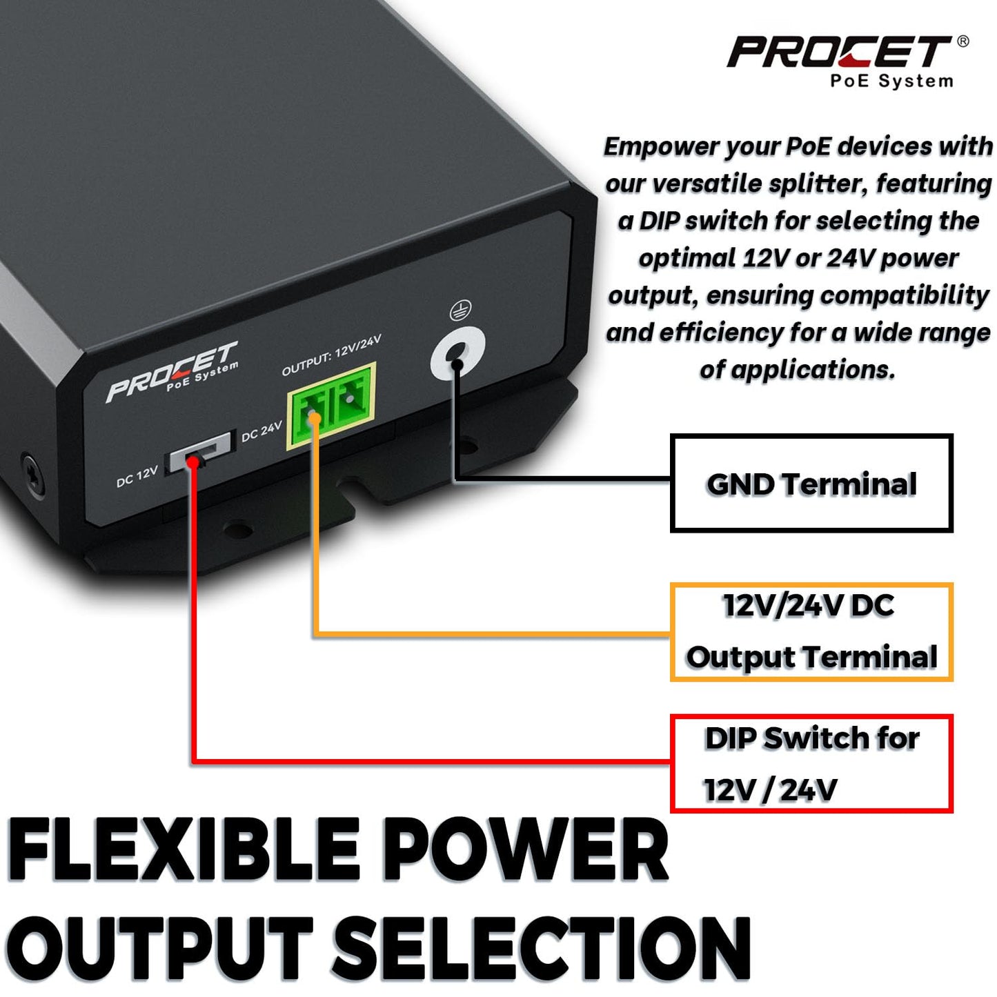 Procet Gigabit PoE Splitter 12V/24V DC 25W, IEEE802.3af/at Compliant Power Adapter, IP40, Work Temp -40F to 149F, 6KV Surge Protection, for Non-PoE