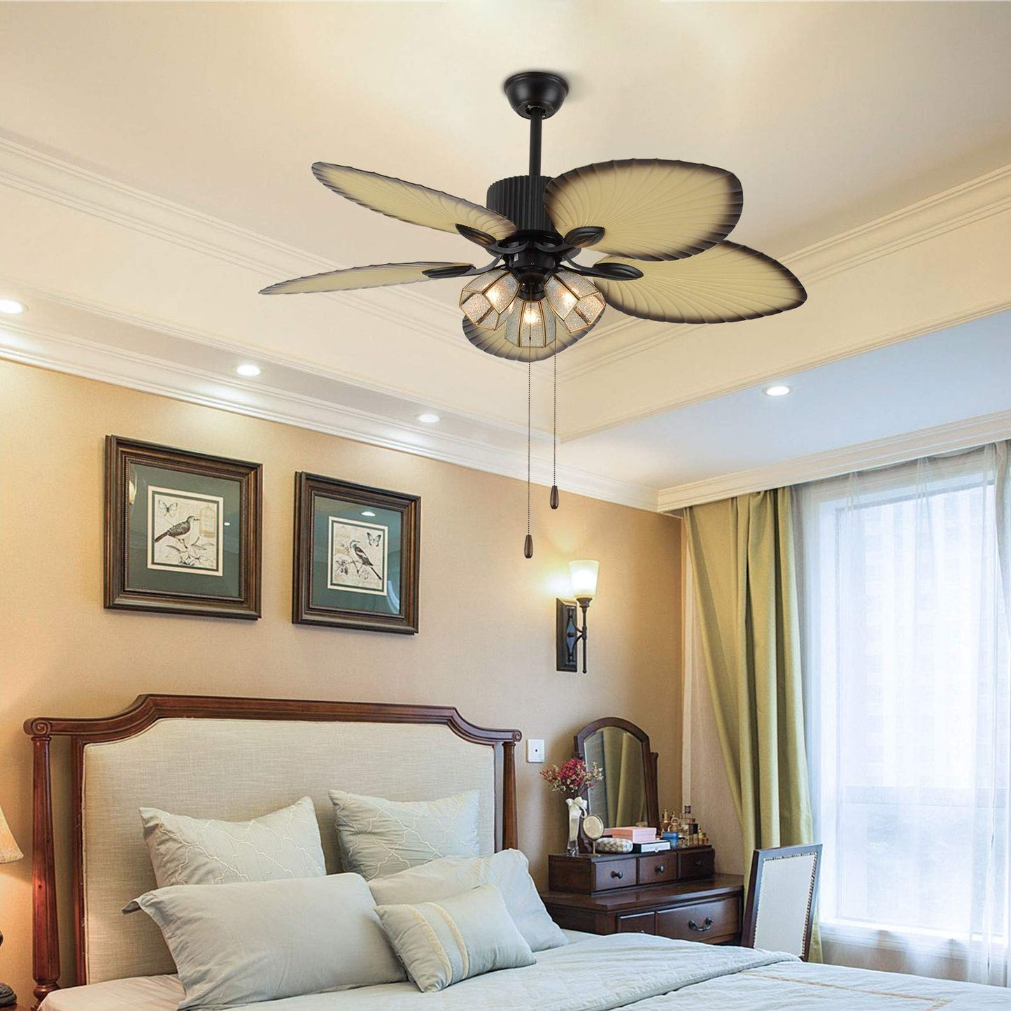 LOYALHEARTDY Palm Leaf Blade Ceiling Fan 52" Palm Frond Fan Leaf Blade Ceiling Fan, 3-Speed Quite Indoor/Outdoor Ceiling Fans with Lights Tropical